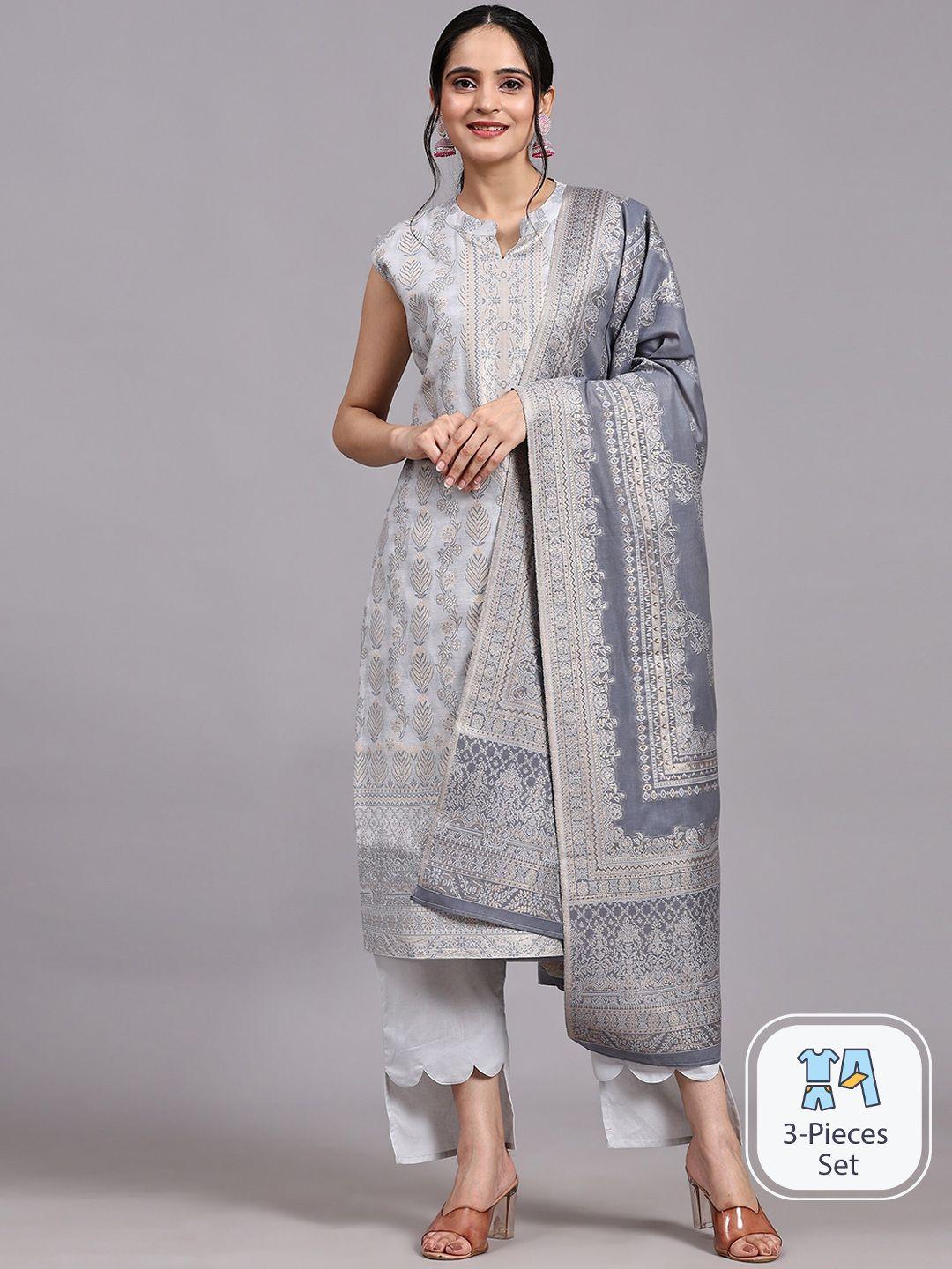 house of kirna's with logo of hok women grey ethnic motifs regular pure cotton kurta with palazzos & with