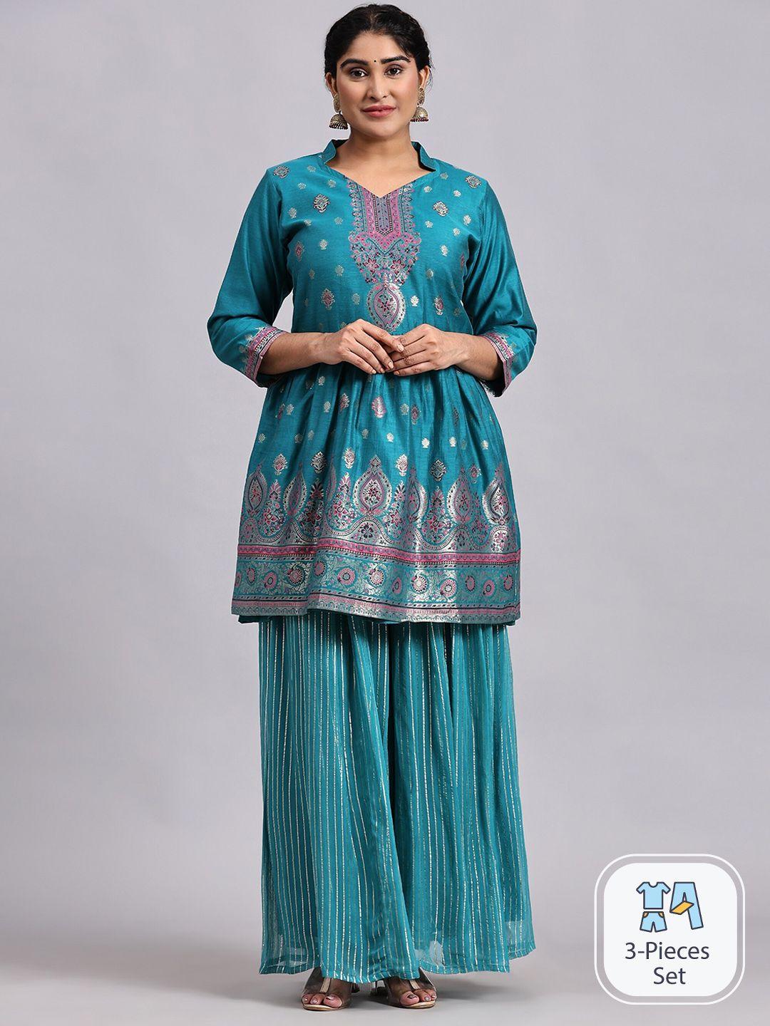 house of kirna's with logo of hok women turquoise blue ethnic motifs empire pure cotton kurti with sharara &