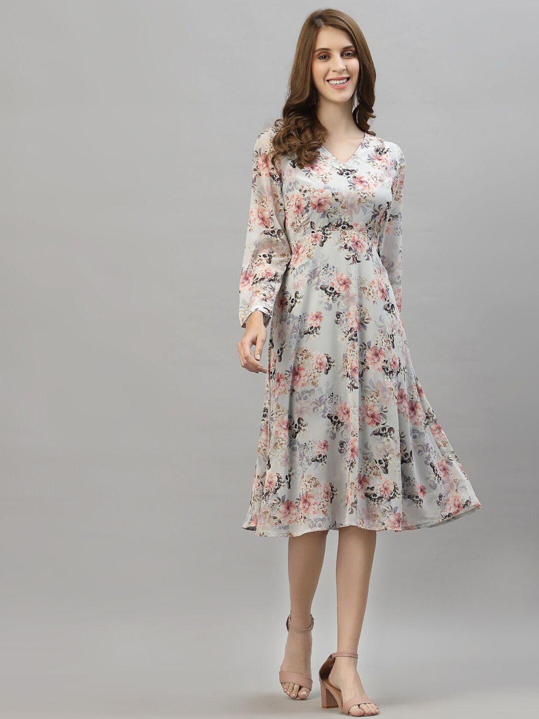 house of kkarma floral printed v-neck long sleeve gathered fit & flare midi dress