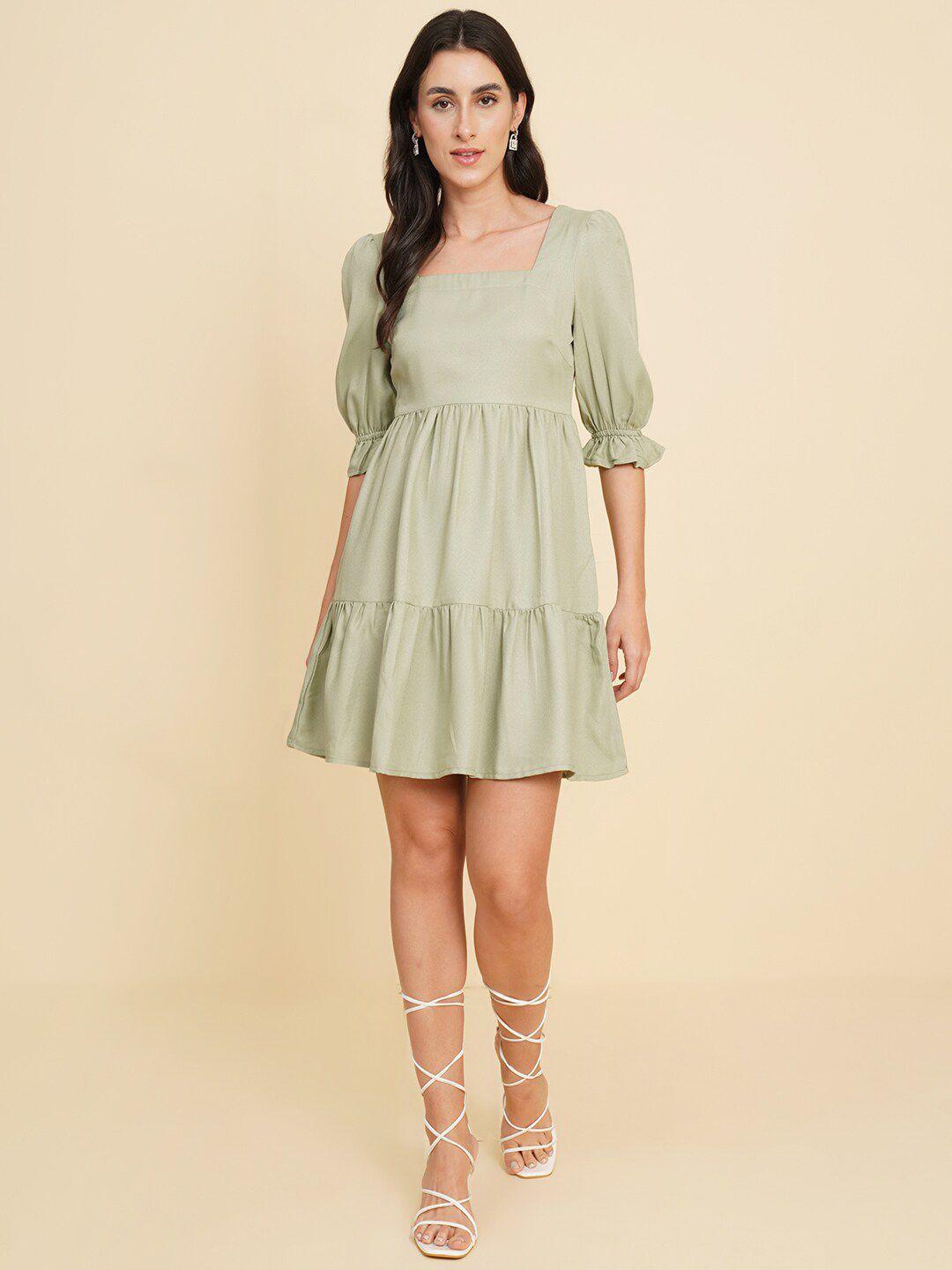 house of kkarma olive green puff sleeve fit & flare dress