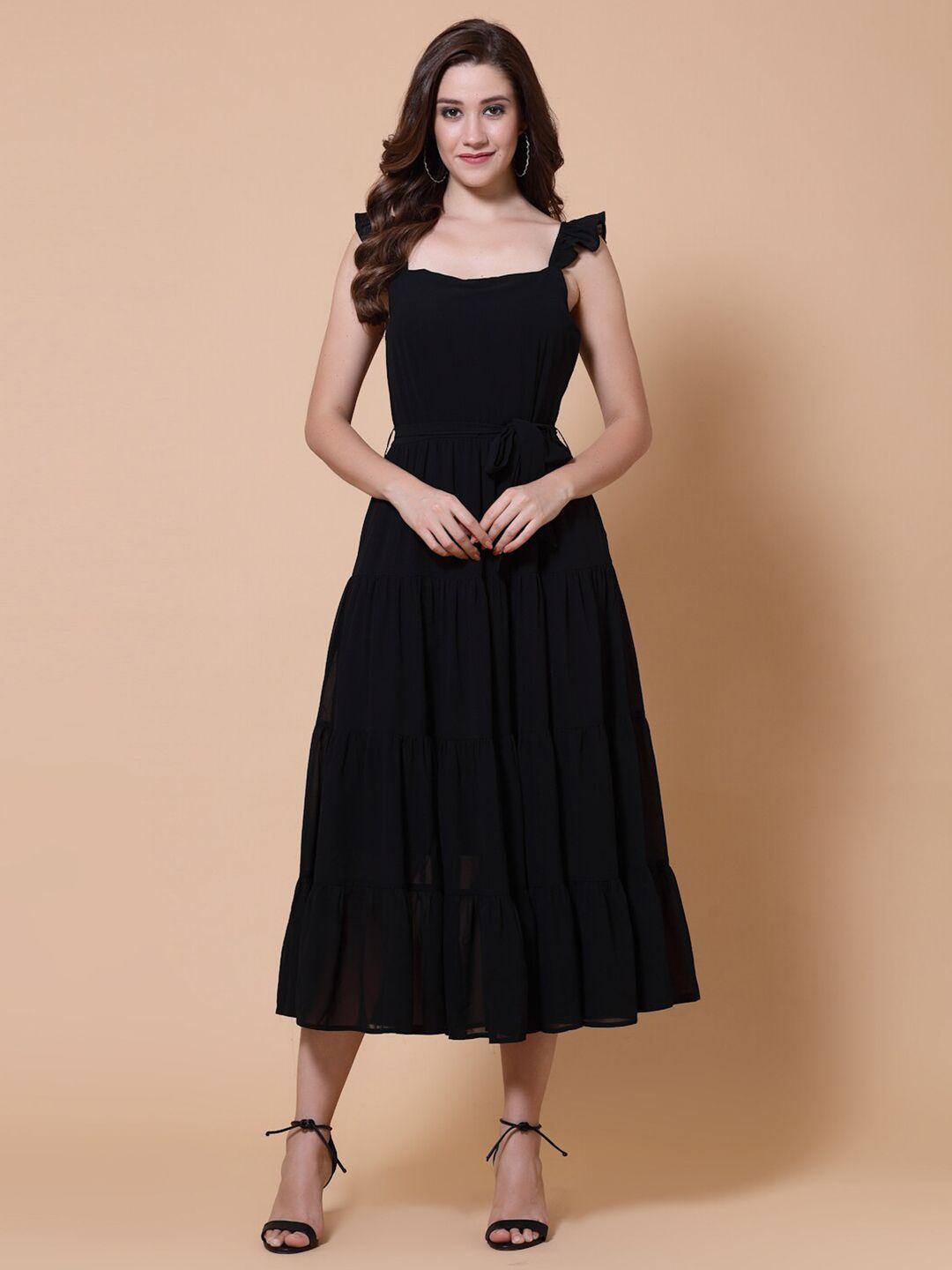 house of kkarma shoulder straps gathered tiered georgette fit & flare midi dress