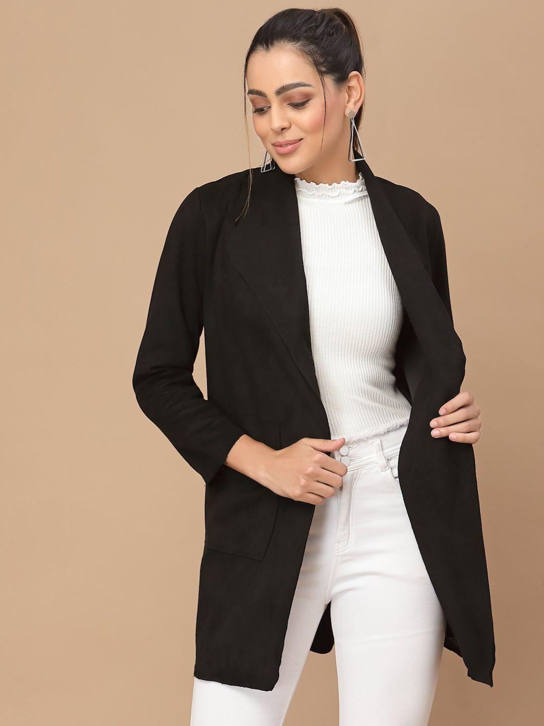 house of kkarma women black longline open front jacket