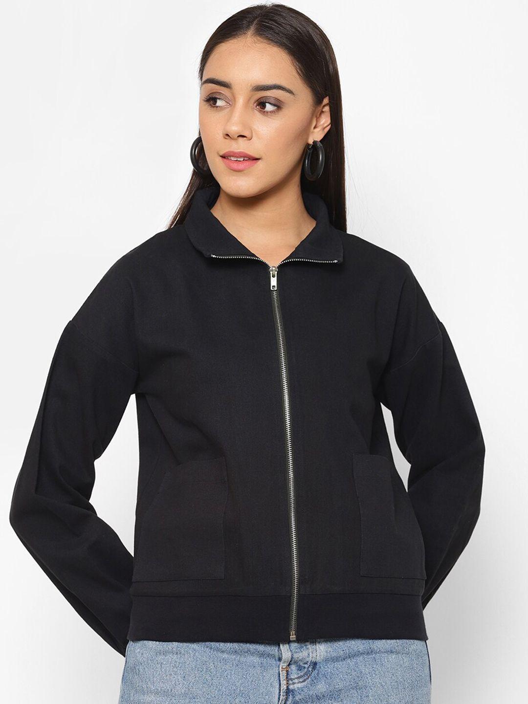 house of kkarma women black solid bomber jacket