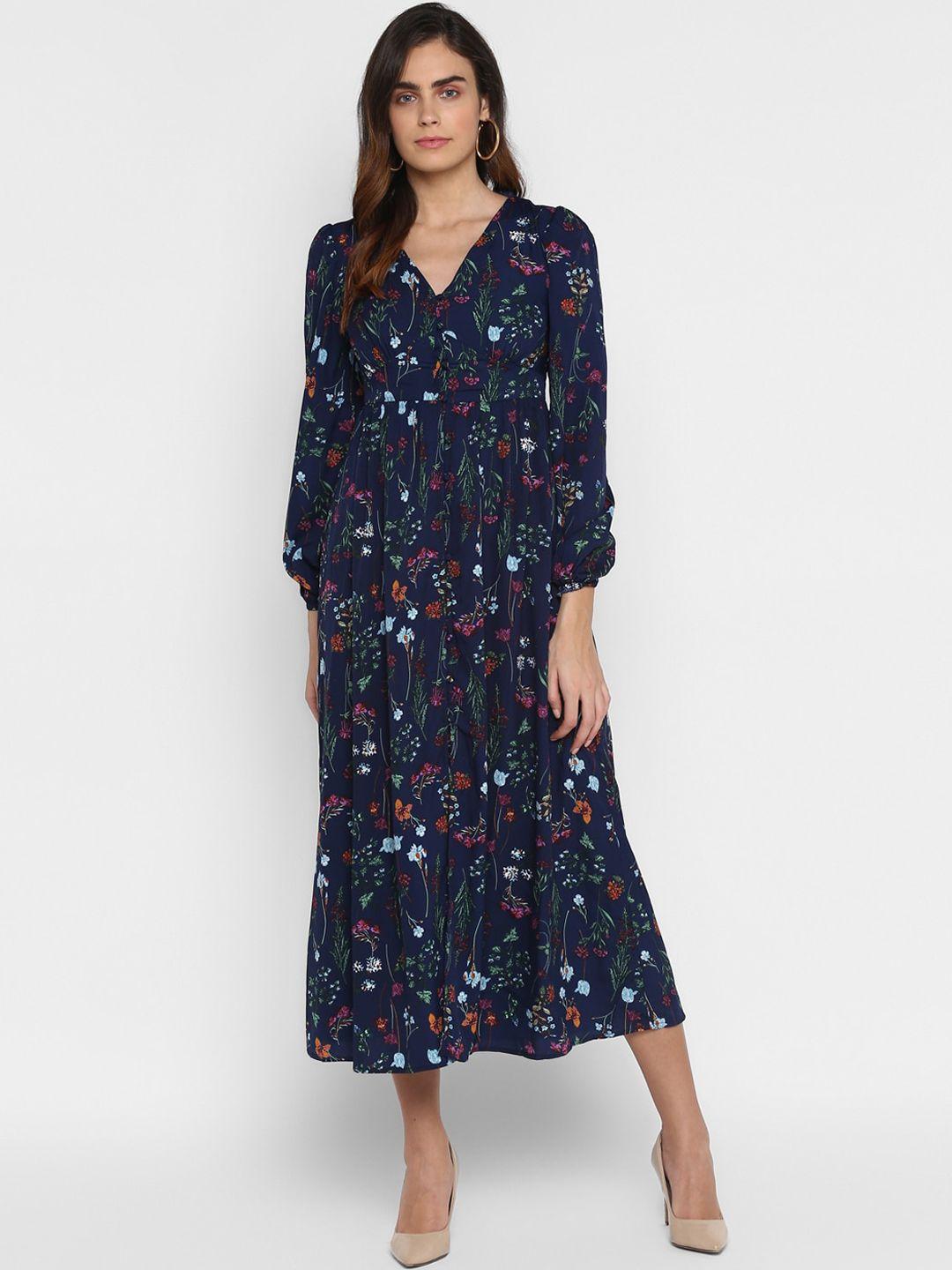 house of kkarma women blue printed fit and flare dress