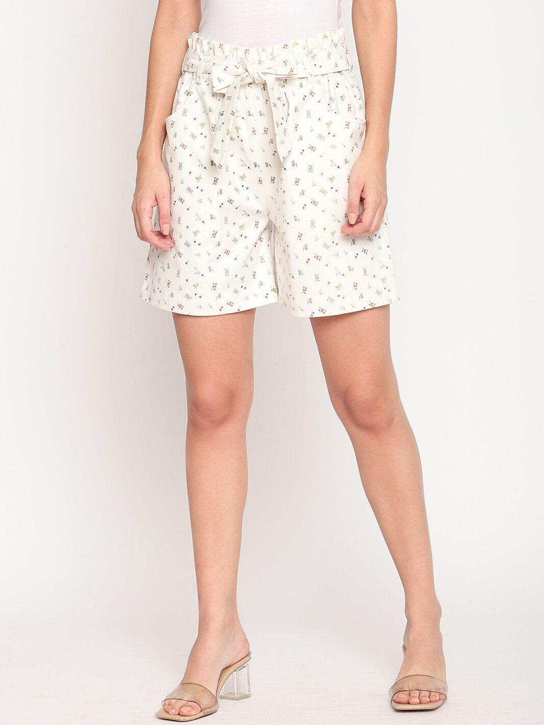 house of kkarma women off white floral printed mid-rise regular shorts