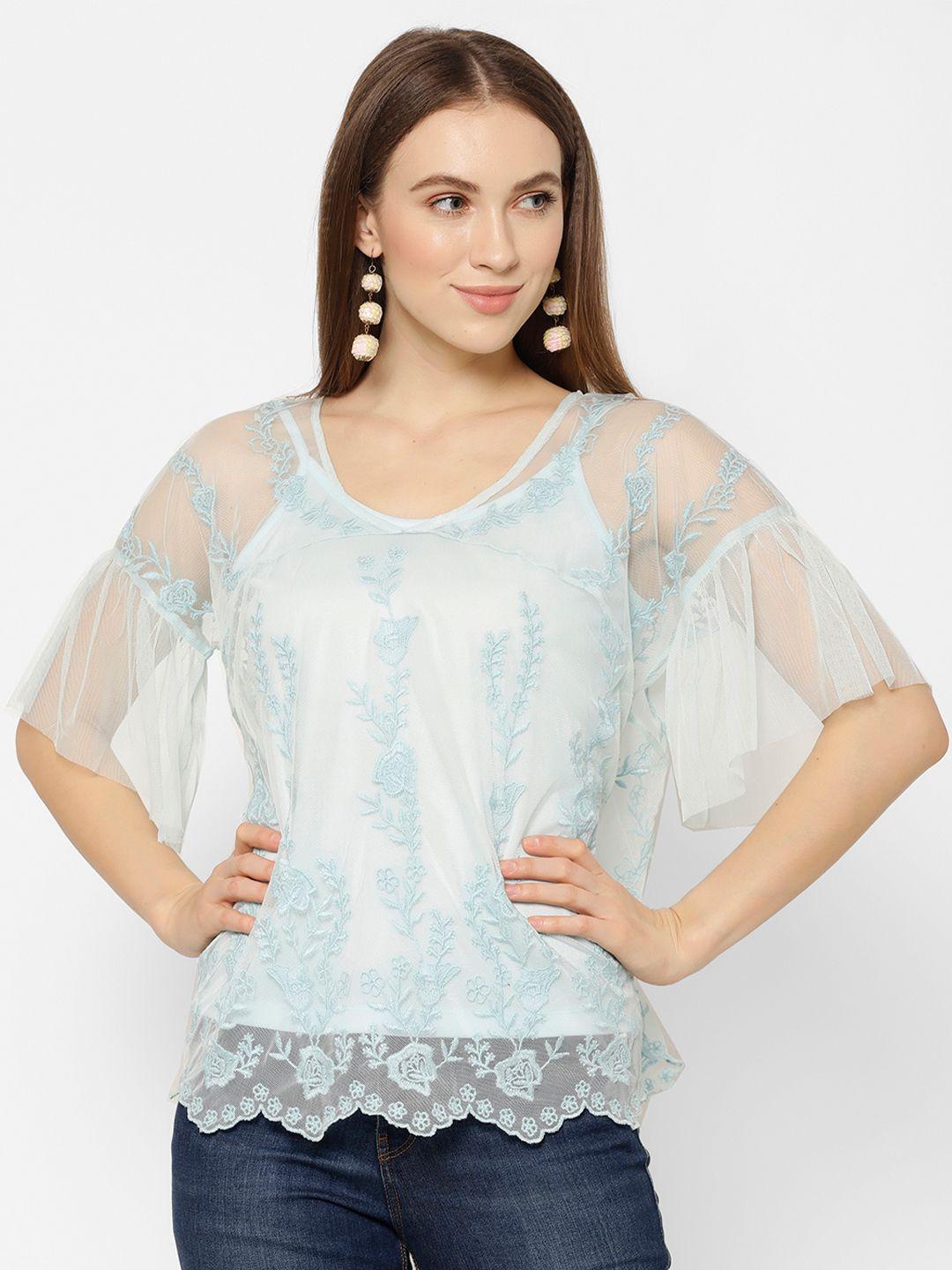 house of kkarma women turquoise blue embroidered top