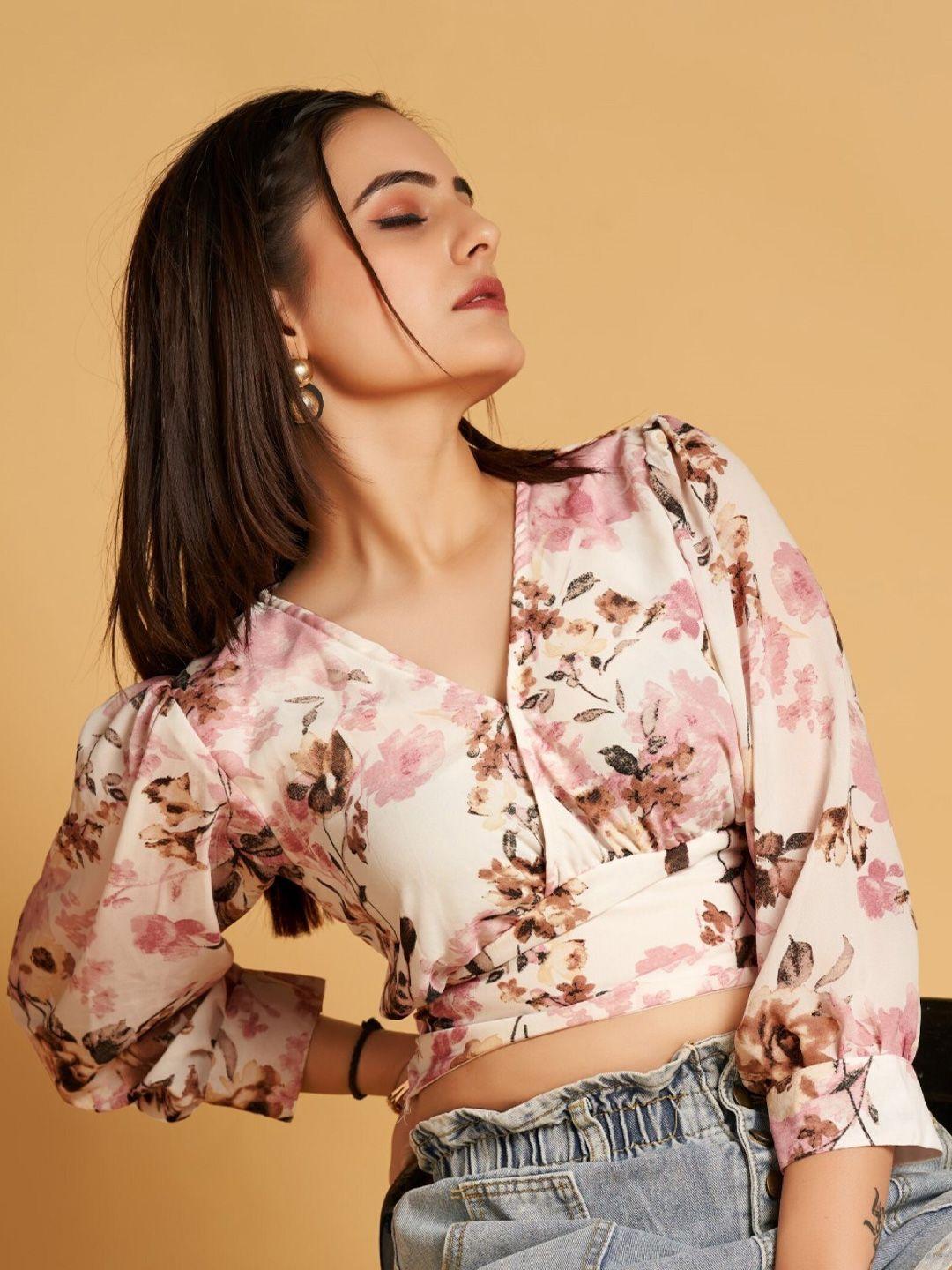 house of mira  floral printed v-neck puff sleeve crop top