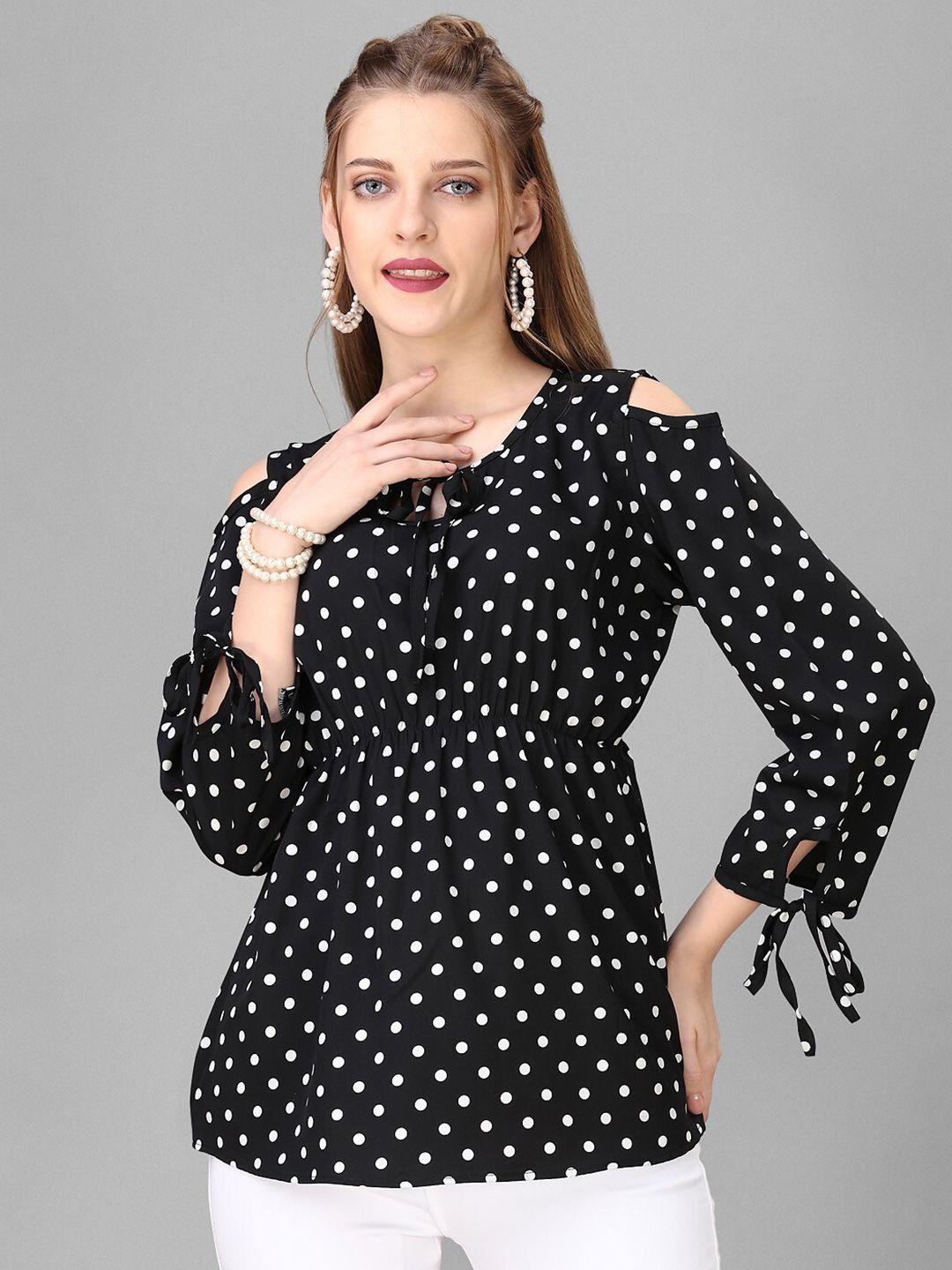 house of mira black polka dot print cold-shoulder top