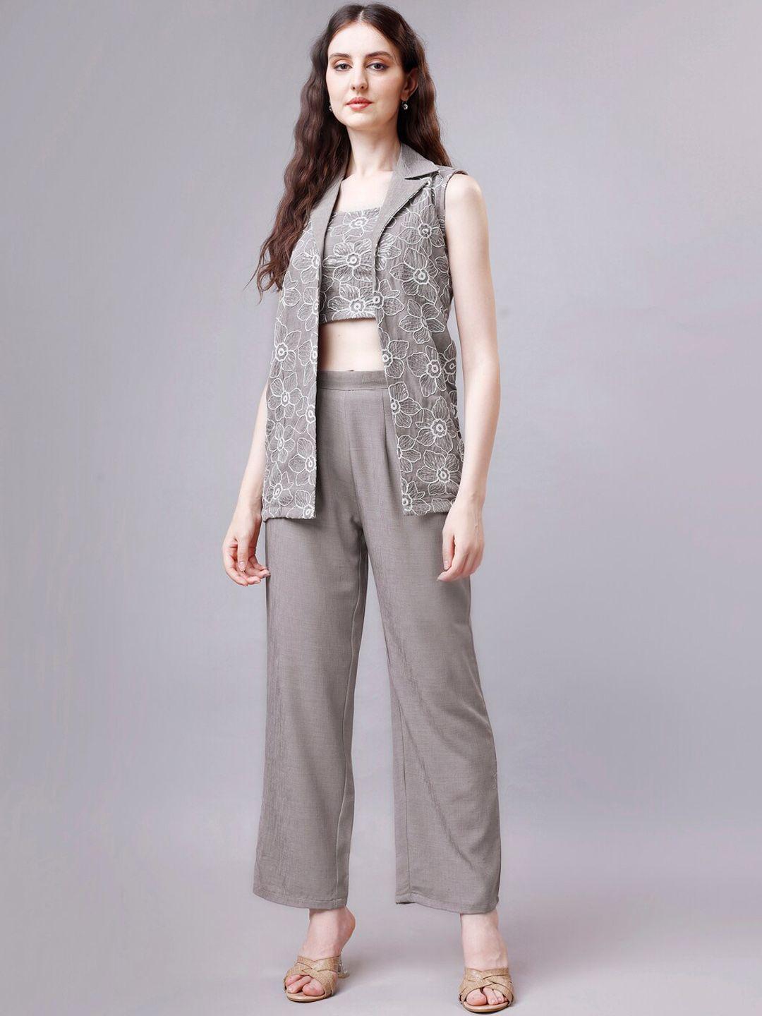 house of mira embroidere round neck top with flared trouser with waistcoat co-ords