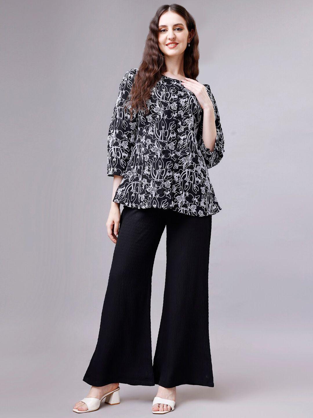 house of mira embroidered round neck top with flared trouser co-ords