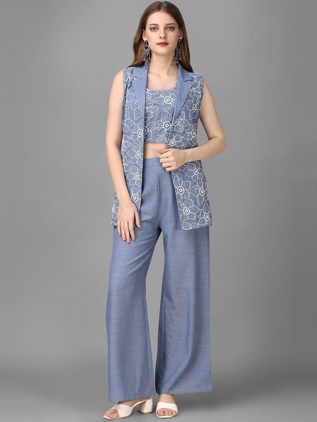 house of mira embroidered sweetheart neck top & flared trousers with jacket co-ords