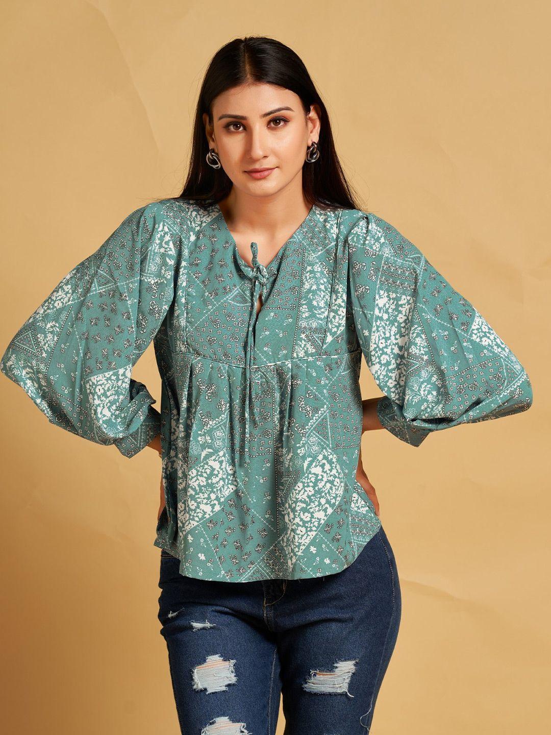 house of mira ethnic print tie-up neck flared sleeve pleated top