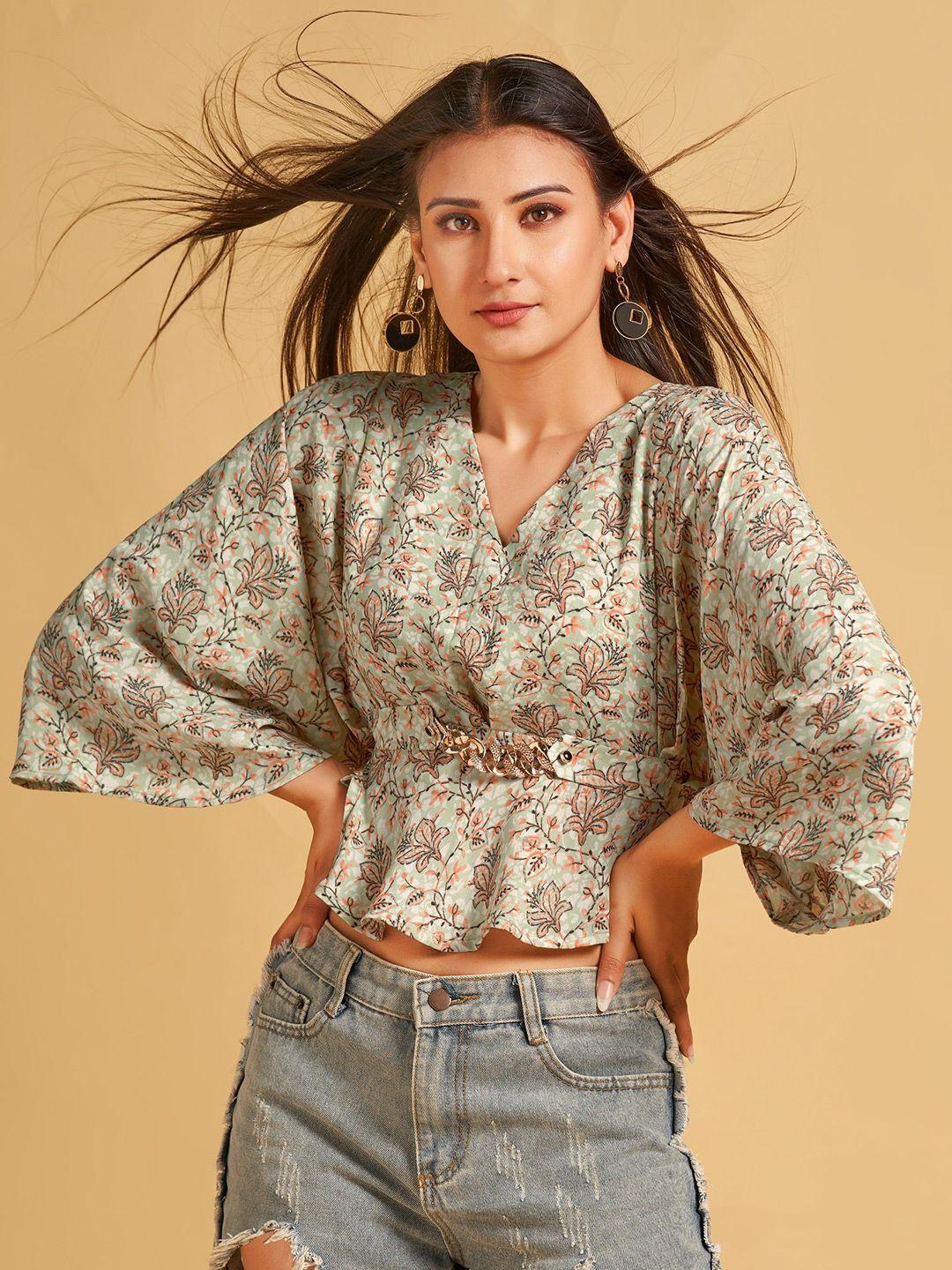 house of mira floral print kimono sleeve cinched waist crop top