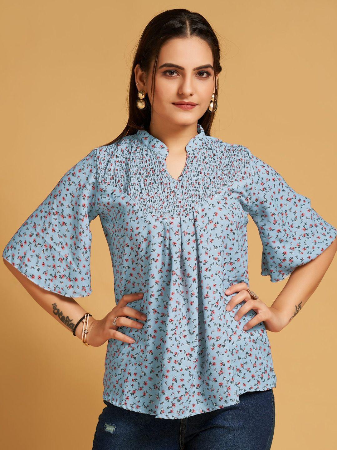 house of mira floral printed mandarin collar flared sleeve top