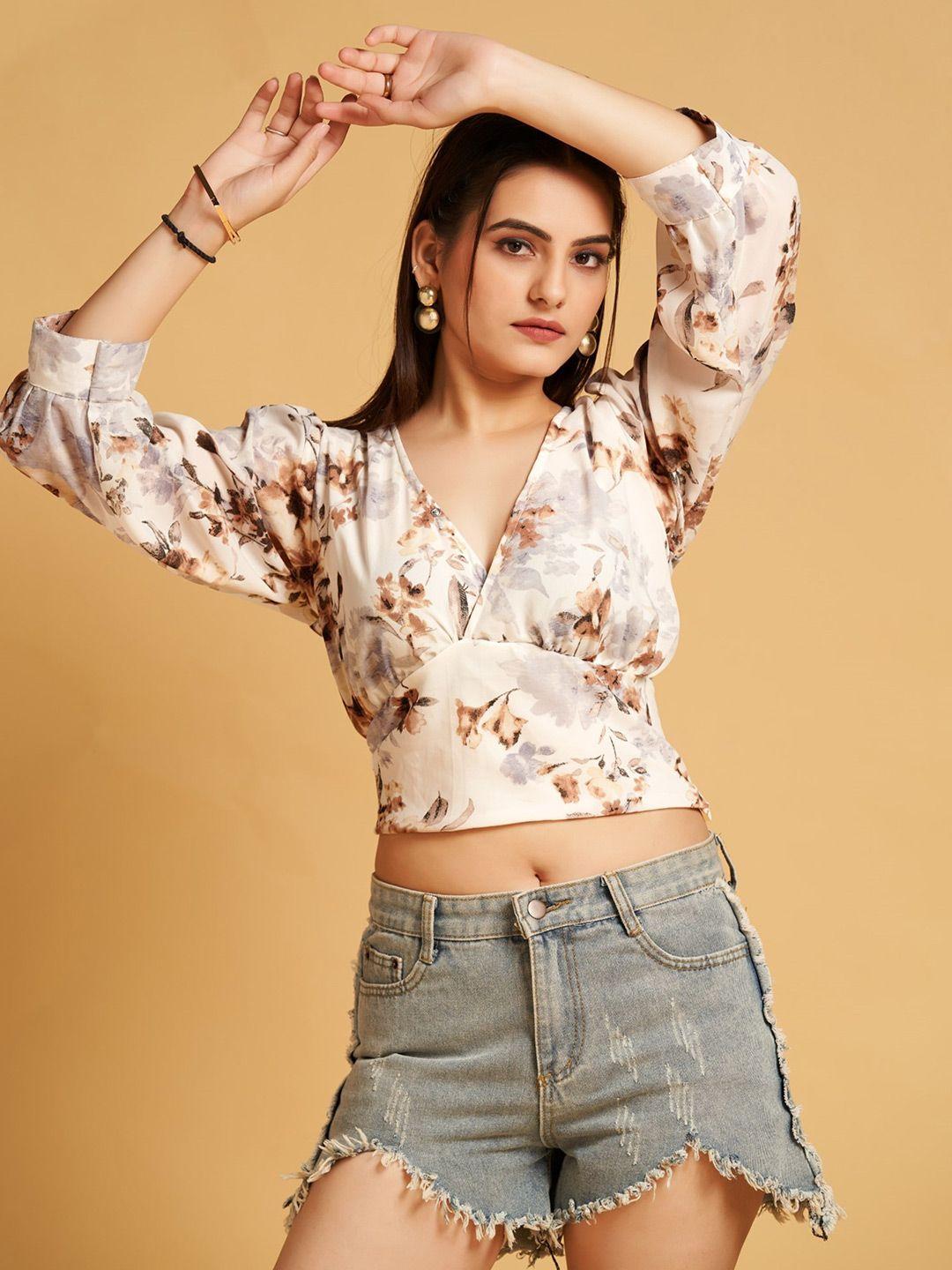 house of mira floral printed v-neck puff sleeve wrap crop top