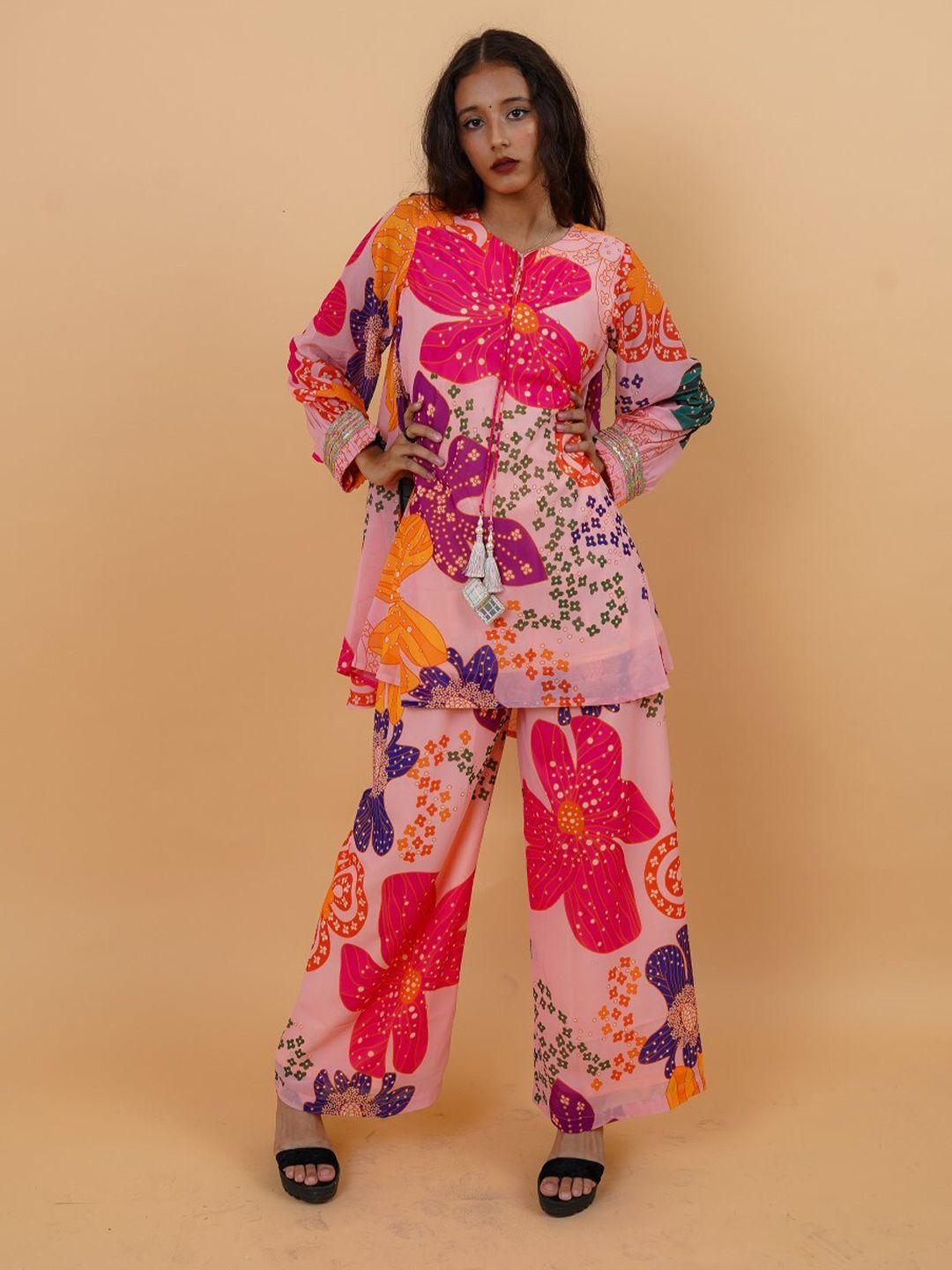 house of mira floral printed v-neck tunic with trousers co-ords