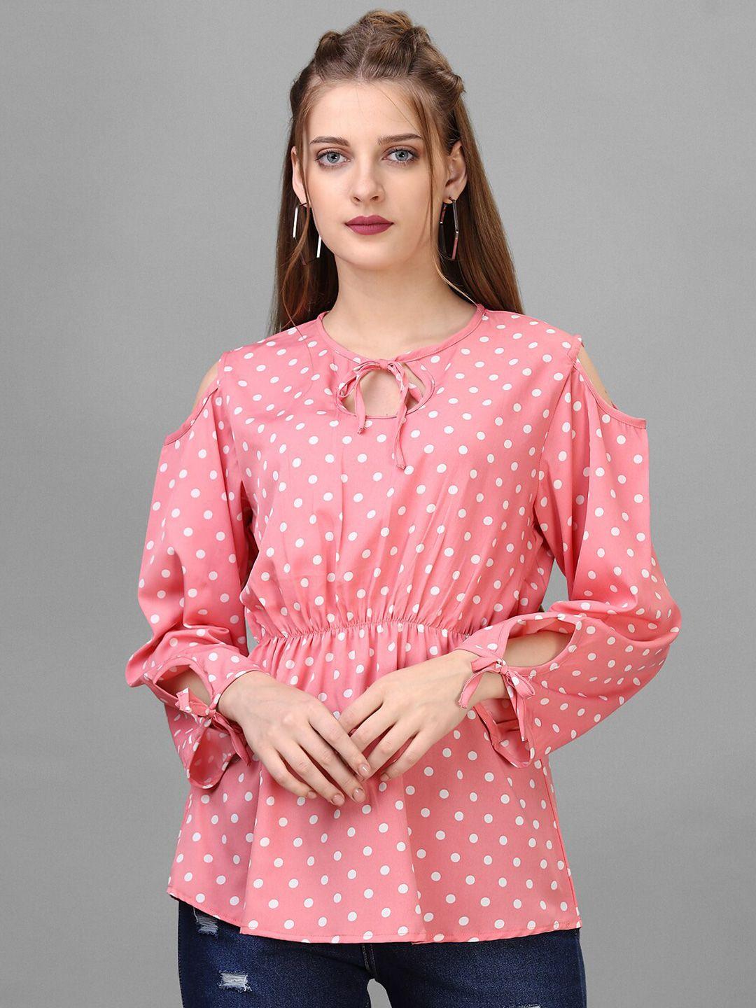 house of mira peach-coloured polka dot print tie-up neck cold-shoulder cinched waist top