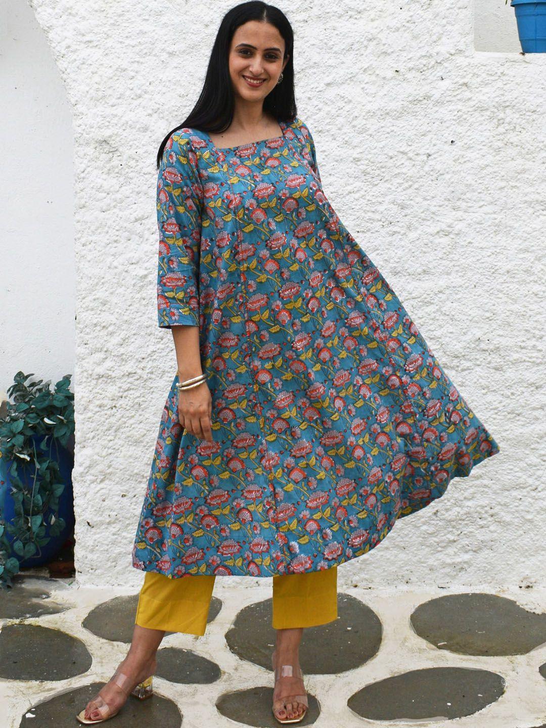 house of moxa floral printed panelled cotton a-line kurta