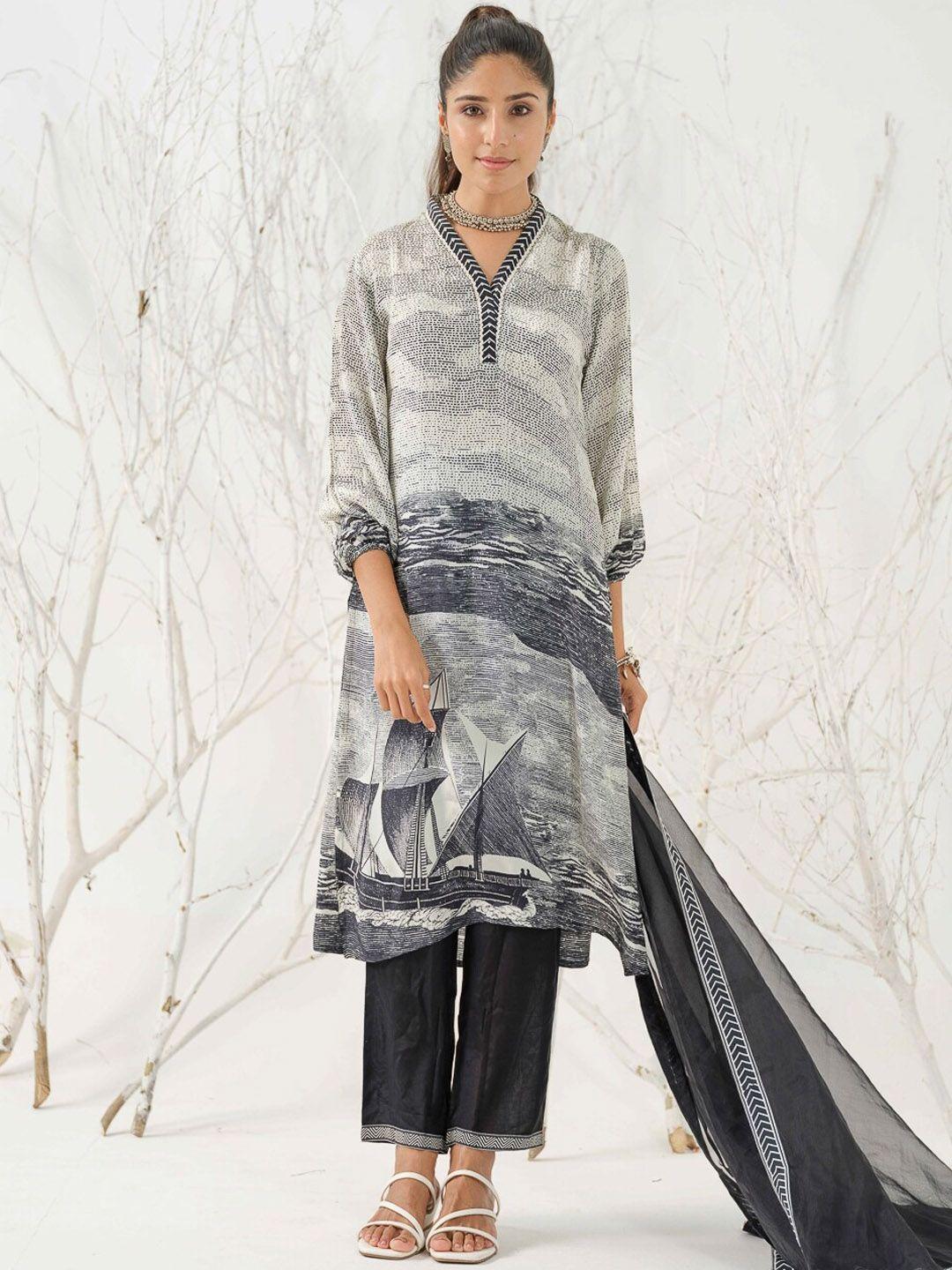 house of pataudi abstract printed v-neck straight kurta with trouser & dupatta set