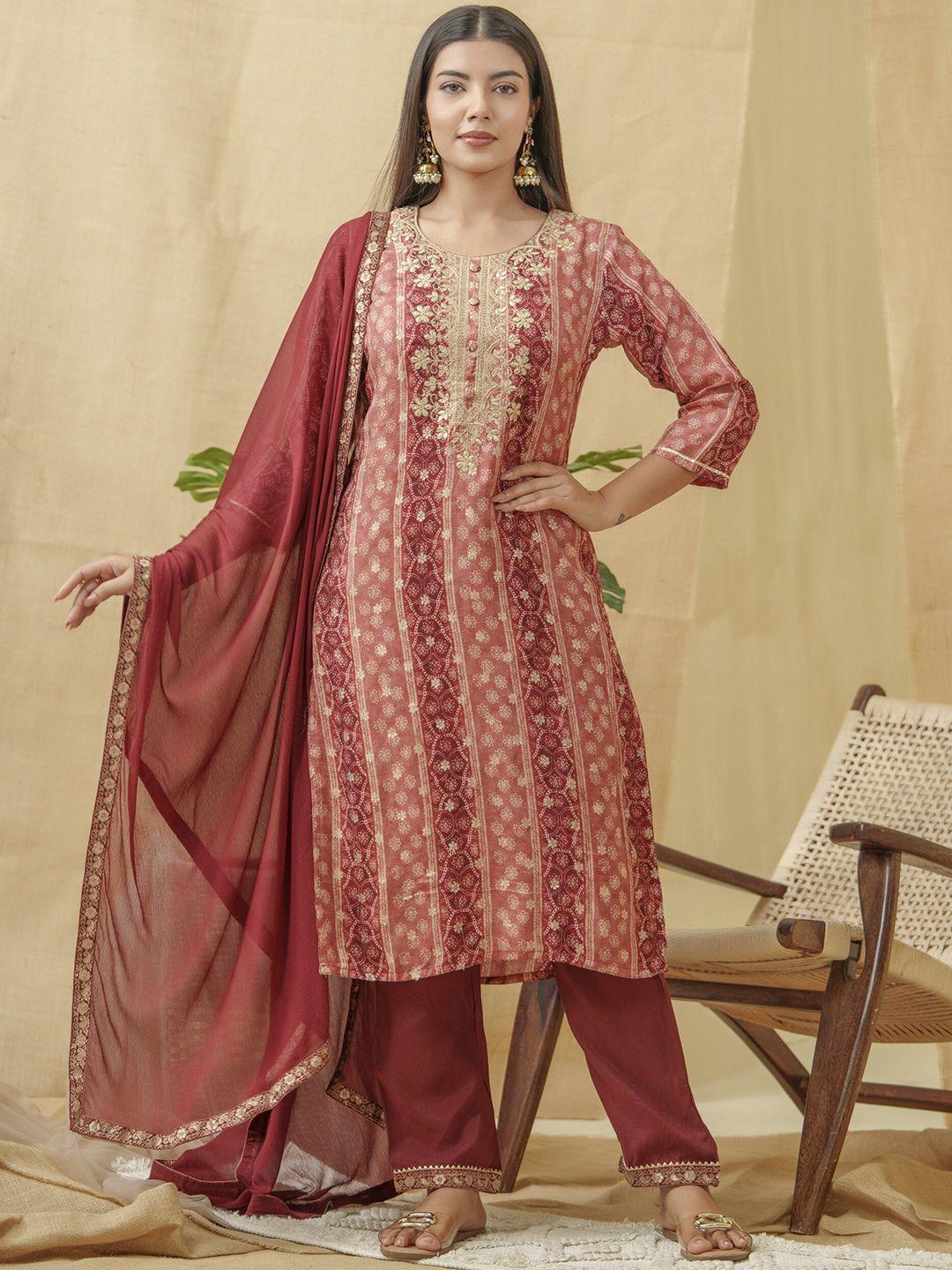 house of pataudi bandhani printed thread work linen kurta with trousers & dupatta