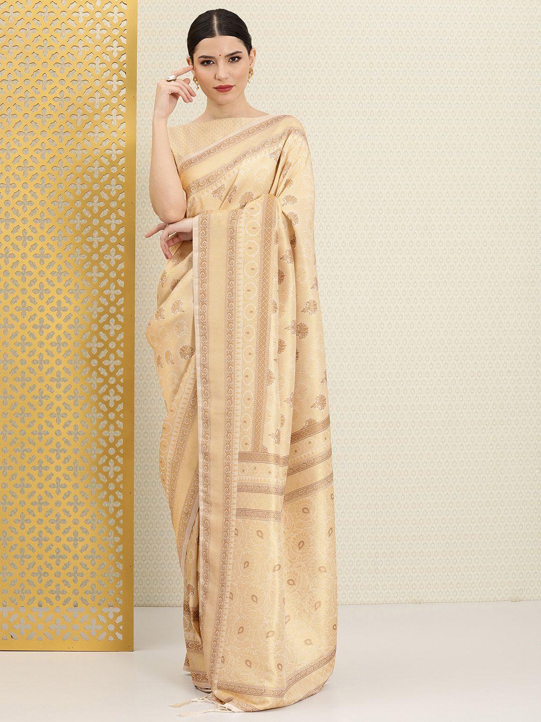 house of pataudi beige & gold-toned ethnic motifs zari silk blend saree