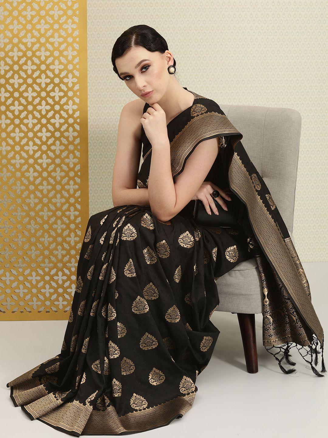 house of pataudi black & gold-toned ethnic motifs zari silk blend banarasi saree