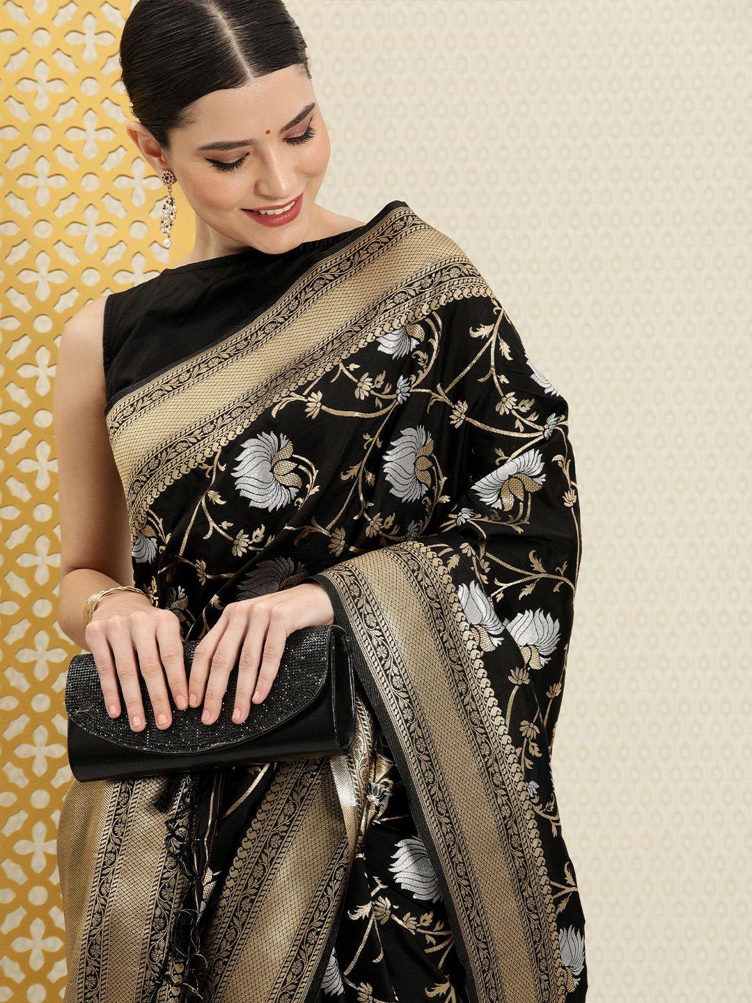 house of pataudi black & gold-toned floral zari silk blend banarasi saree