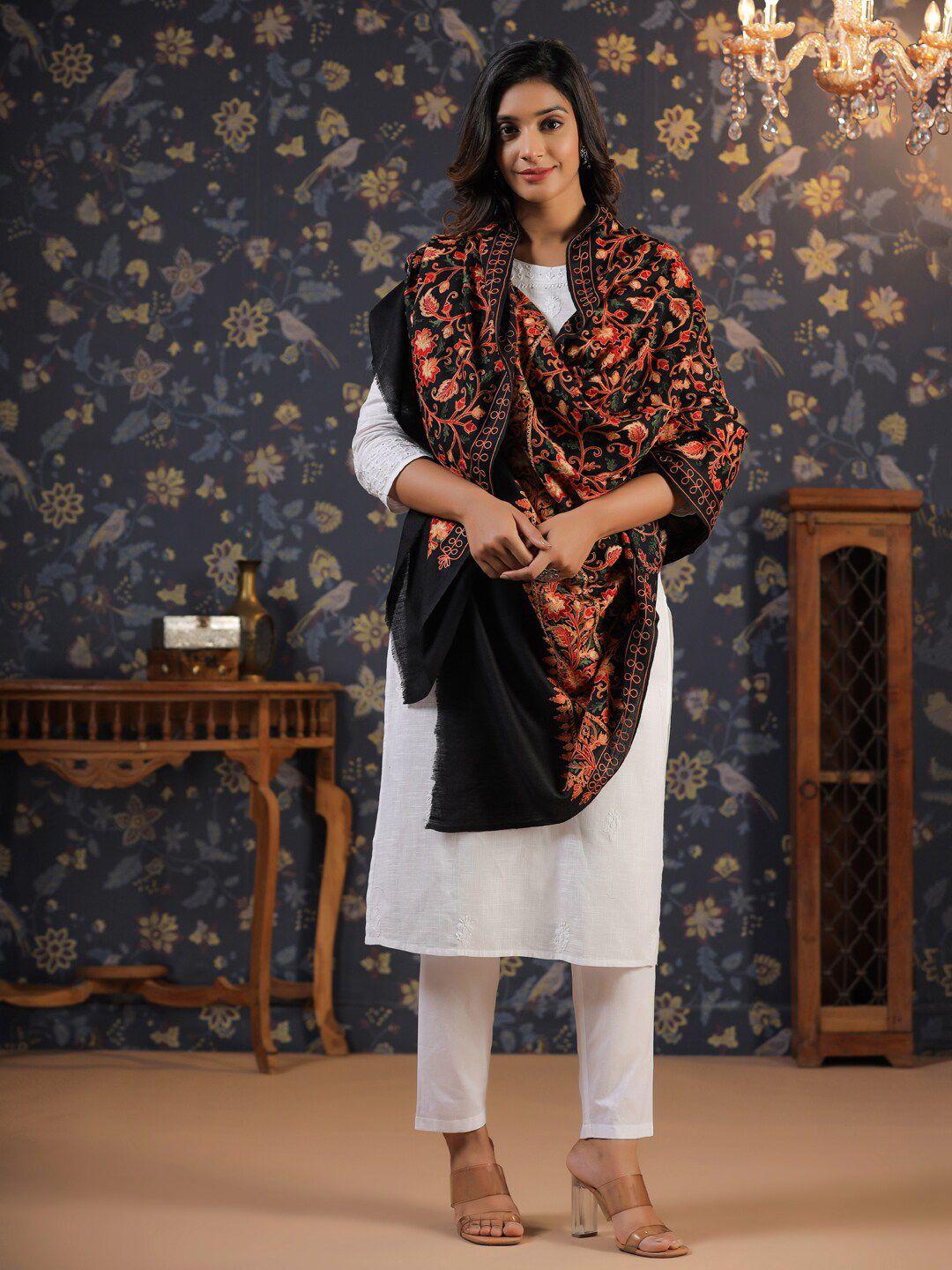 house of pataudi black floral embroidered wool & acrylic shawl