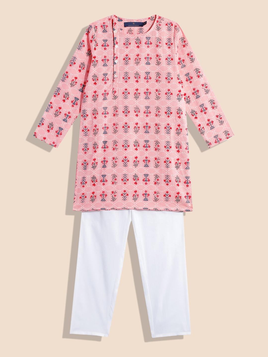 house of pataudi boys floral printed pure cotton angrakha a-line kurta with trousers set