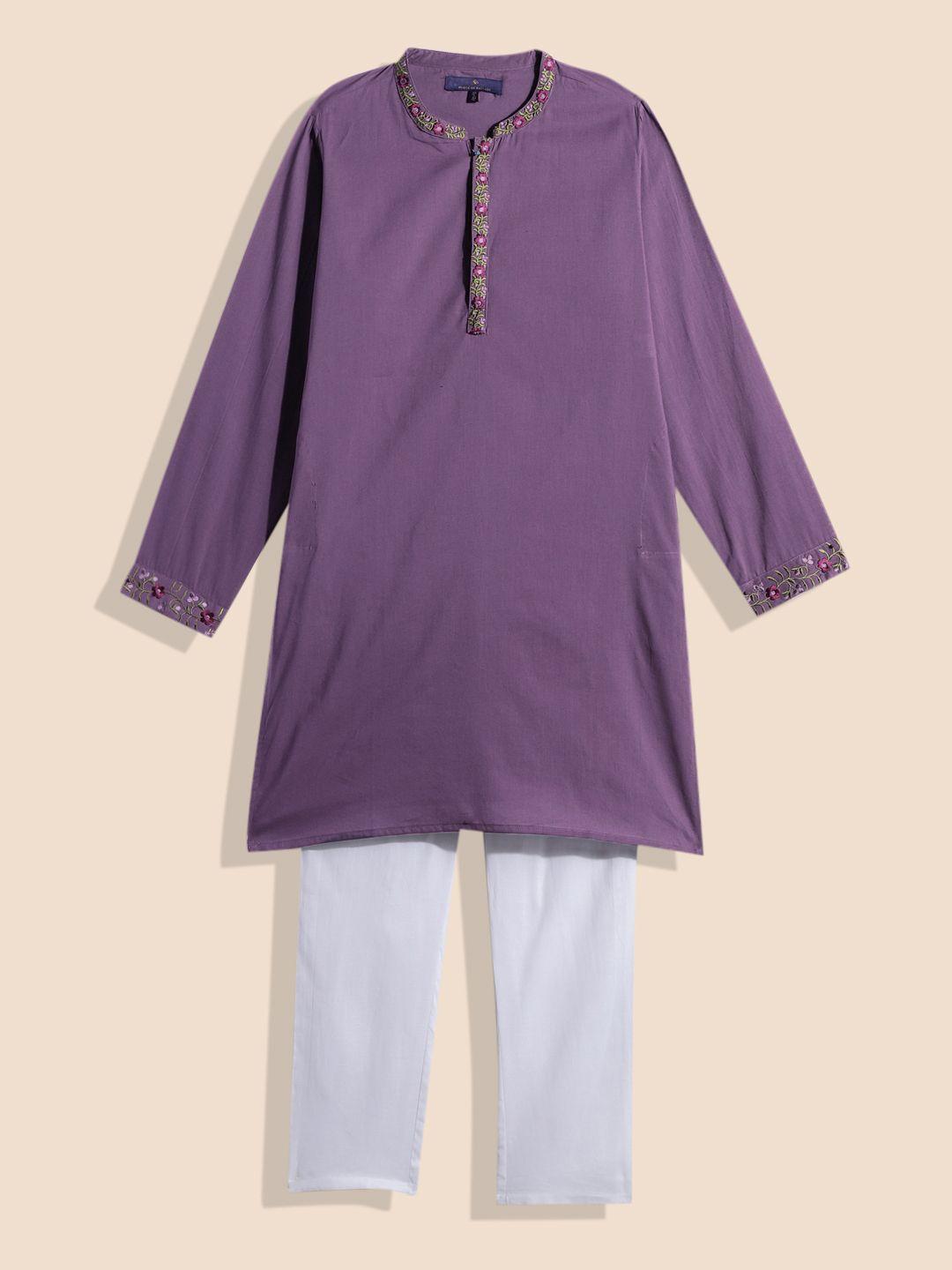 house of pataudi boys floral yoke design embroidered pure cotton rozana kurta & pyjamas