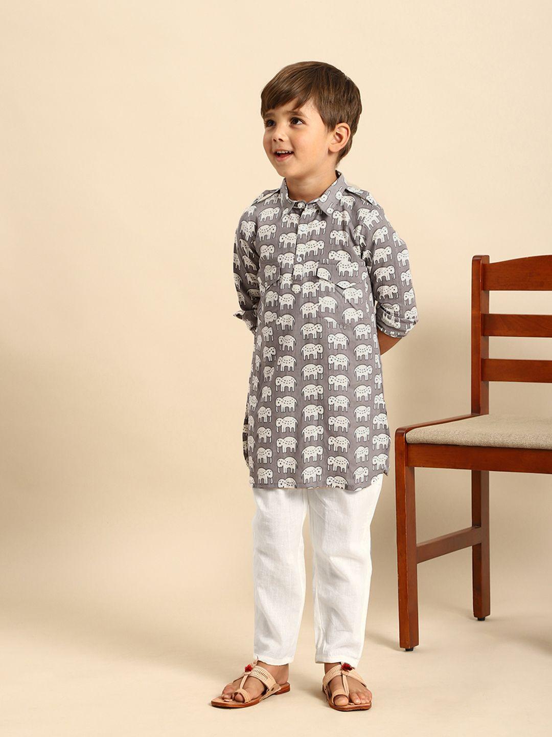 house of pataudi boys grey ethnic motifs printed pure cotton kurta with trousers