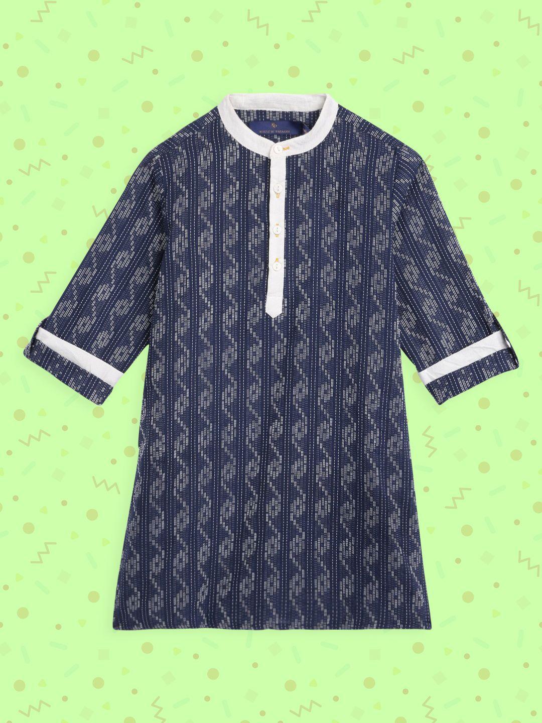 house of pataudi boys navy blue pure cotton printed kurta