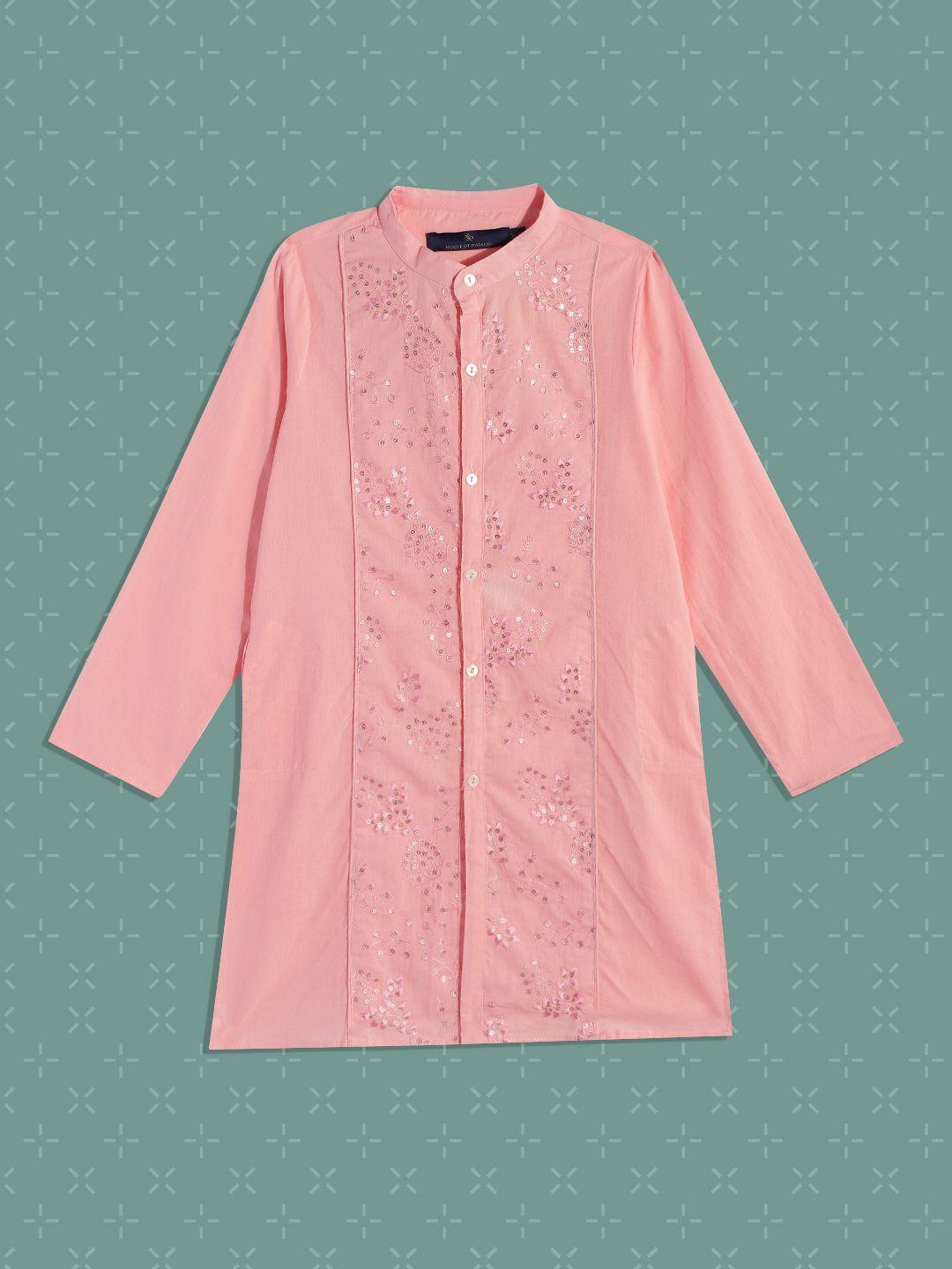 house of pataudi boys pink embroidered sequin embellished pure cotton kurta