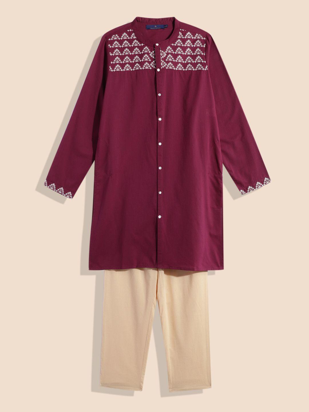 house of pataudi boys yoke design embroidered pure cotton rozana kurta & pyjamas