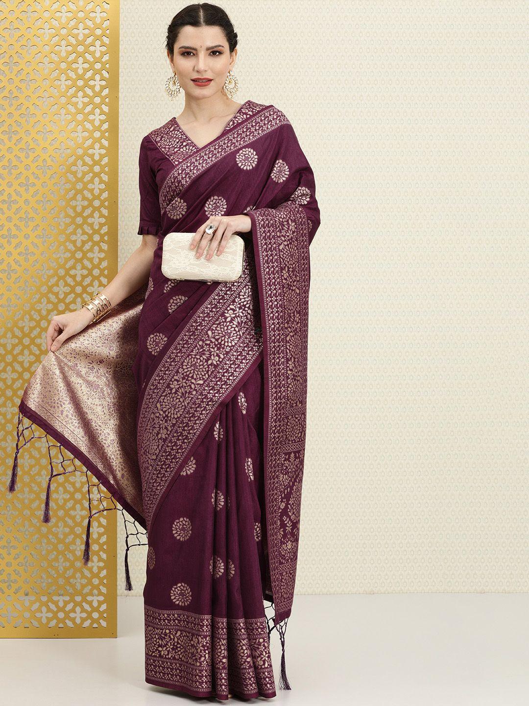 house of pataudi burgundy & gold-toned ethnic motifs zari silk blend banarasi saree