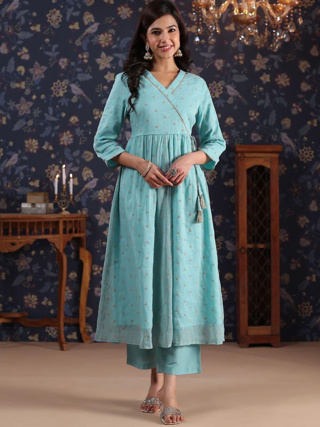 house of pataudi embroidered angrakha a-line kurta with palazzo