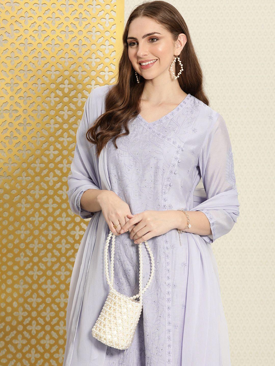 house of pataudi embroidered angrakha pure cotton jashn kurta with trousers & dupatta