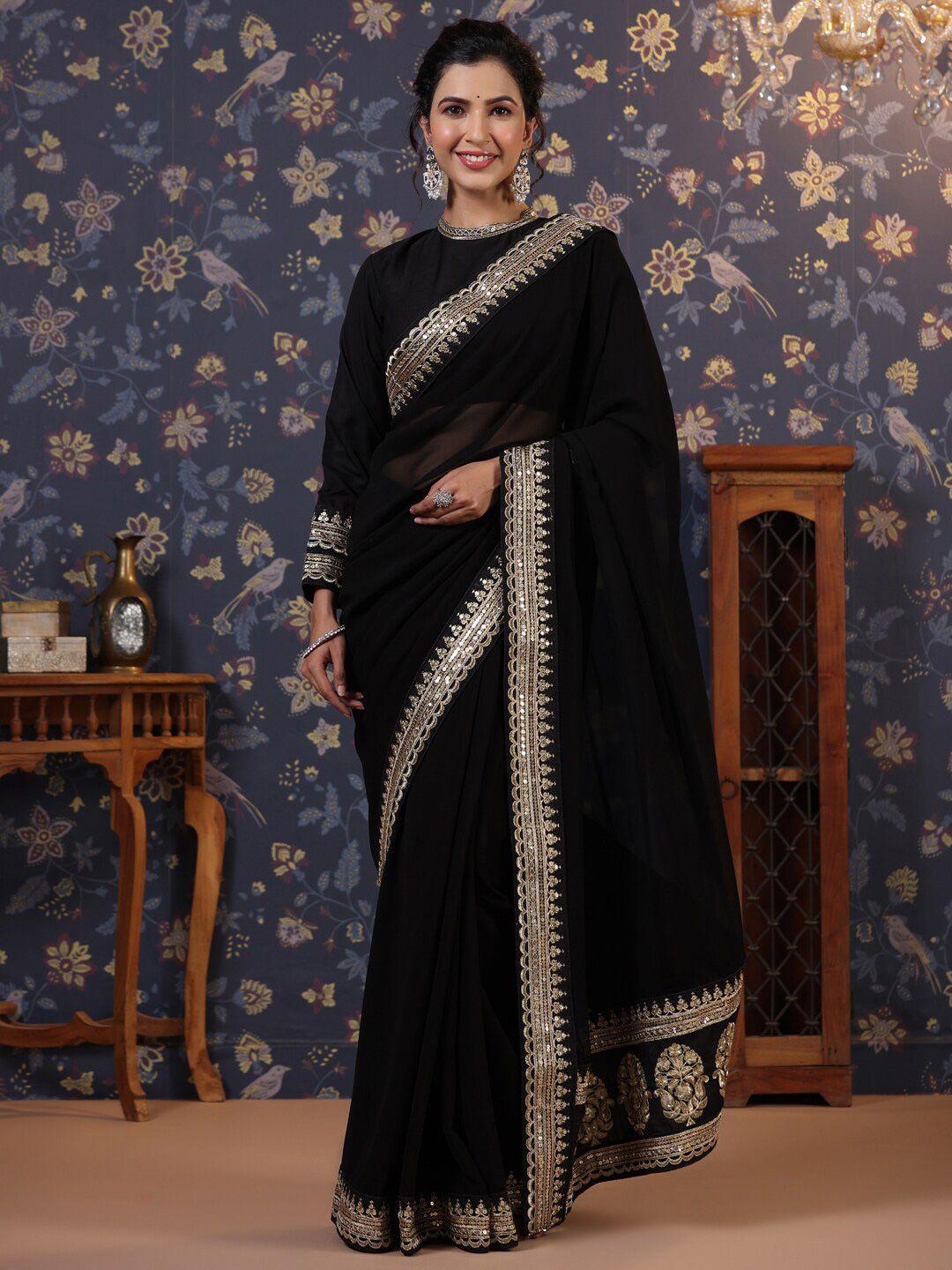 house of pataudi embroidered border detail saree with blouse piece