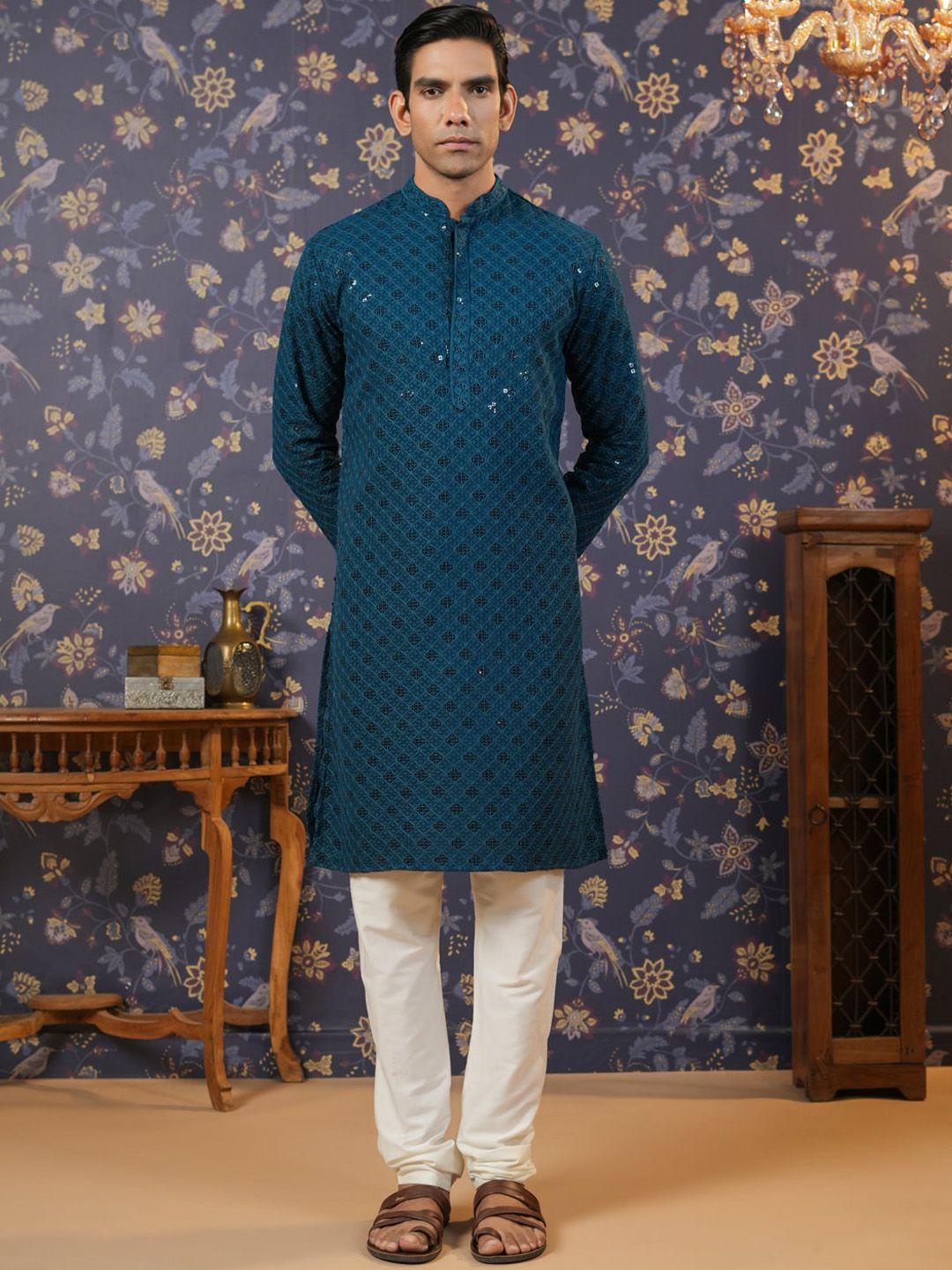 house of pataudi embroidered mandarin collar straight kurtas