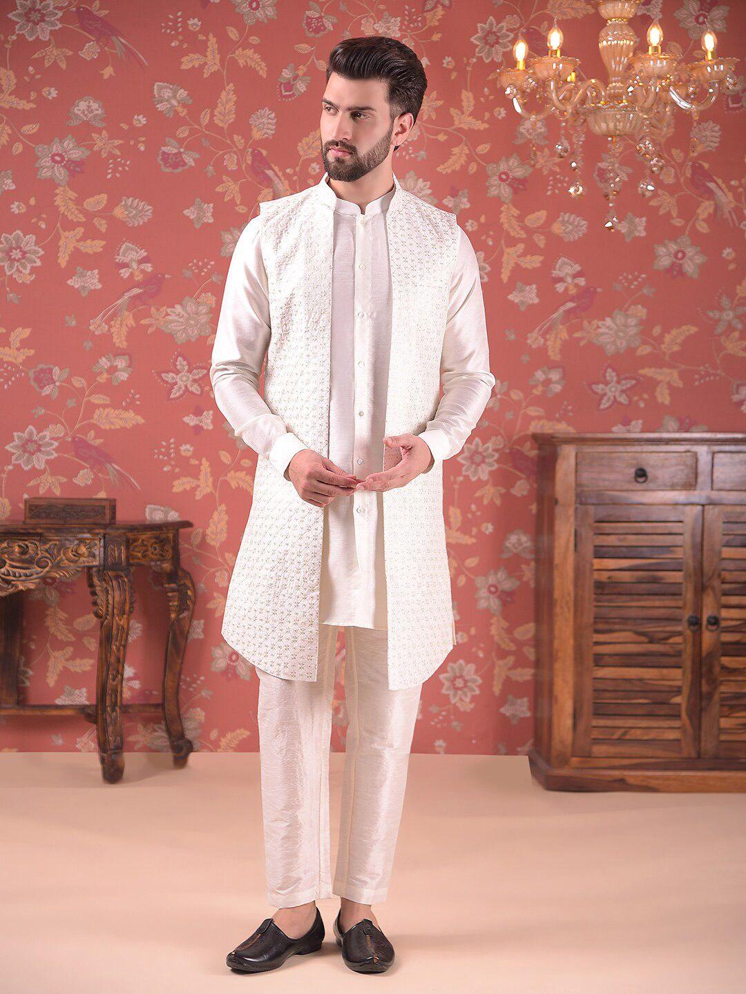 house of pataudi embroidered nehru jacket with kurta & pyjama set