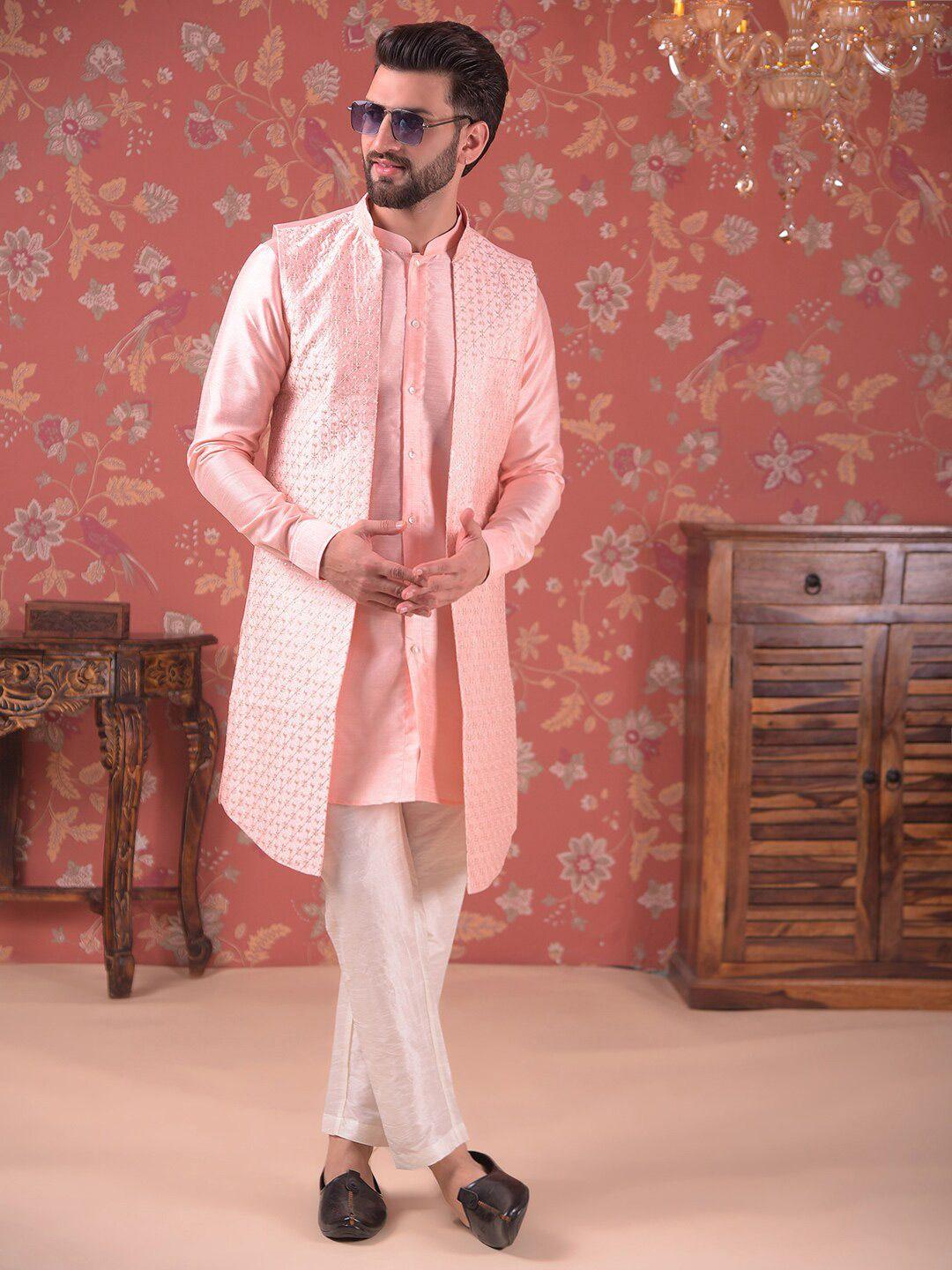 house of pataudi embroidered nehru jacket with kurta & pyjama
