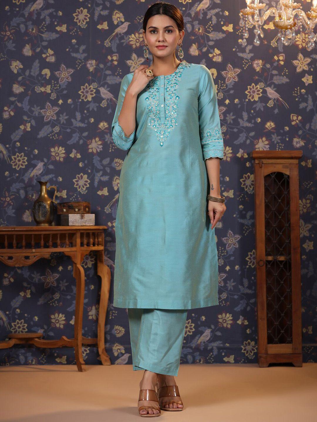 house of pataudi embroidered straight kurta with trouser set