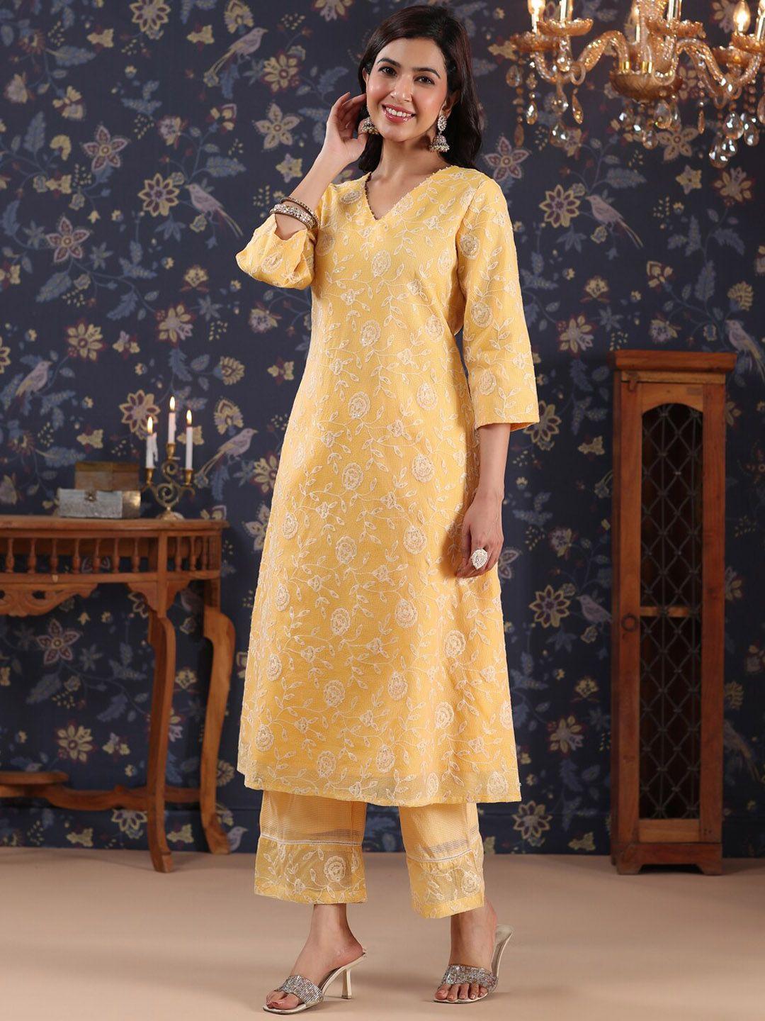 house of pataudi ethnic floral embroidered sequined kurta with palazzos