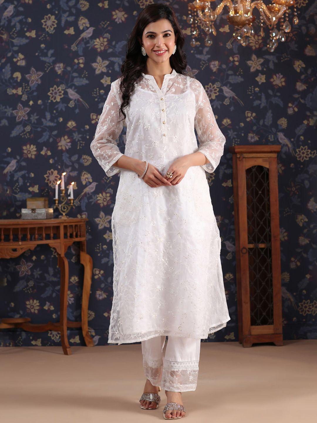 house of pataudi ethnic motif embroidered mandarin collar kurta with palazzos & slip