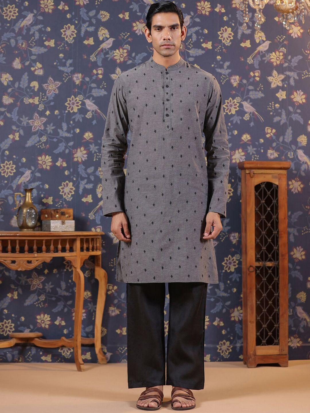 house of pataudi ethnic motifs embroidered mandarin collar cotton straight kurta