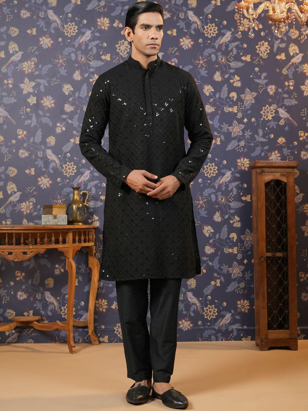 house of pataudi ethnic motifs embroidered mandarin collar sequined kurta