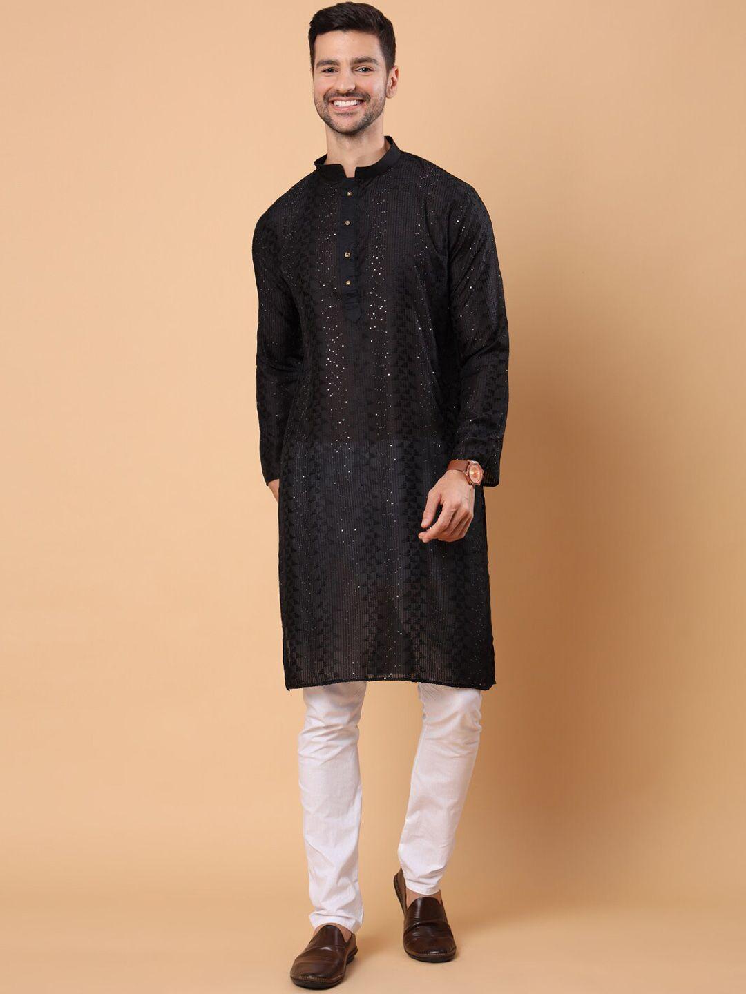 house of pataudi ethnic motifs embroidered mandarin collar sequinned liva straight kurta