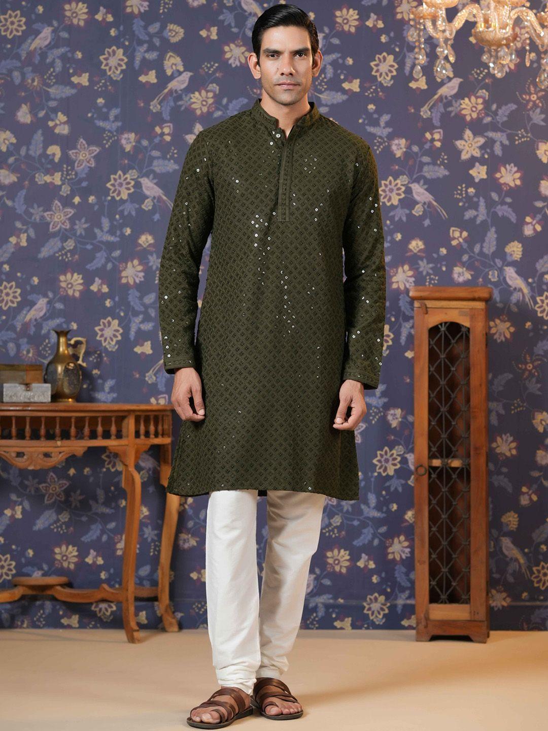 house of pataudi ethnic motifs embroidered sequinned straight kurta with churidar