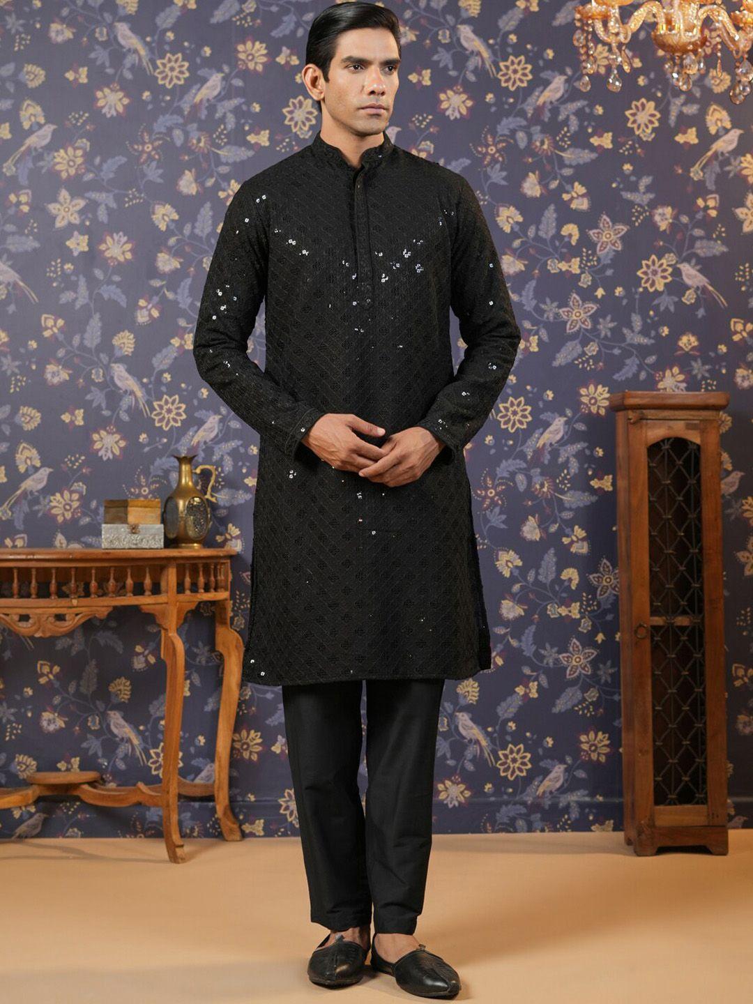 house of pataudi ethnic motifs embroidered sequinned straight kurta with churidar