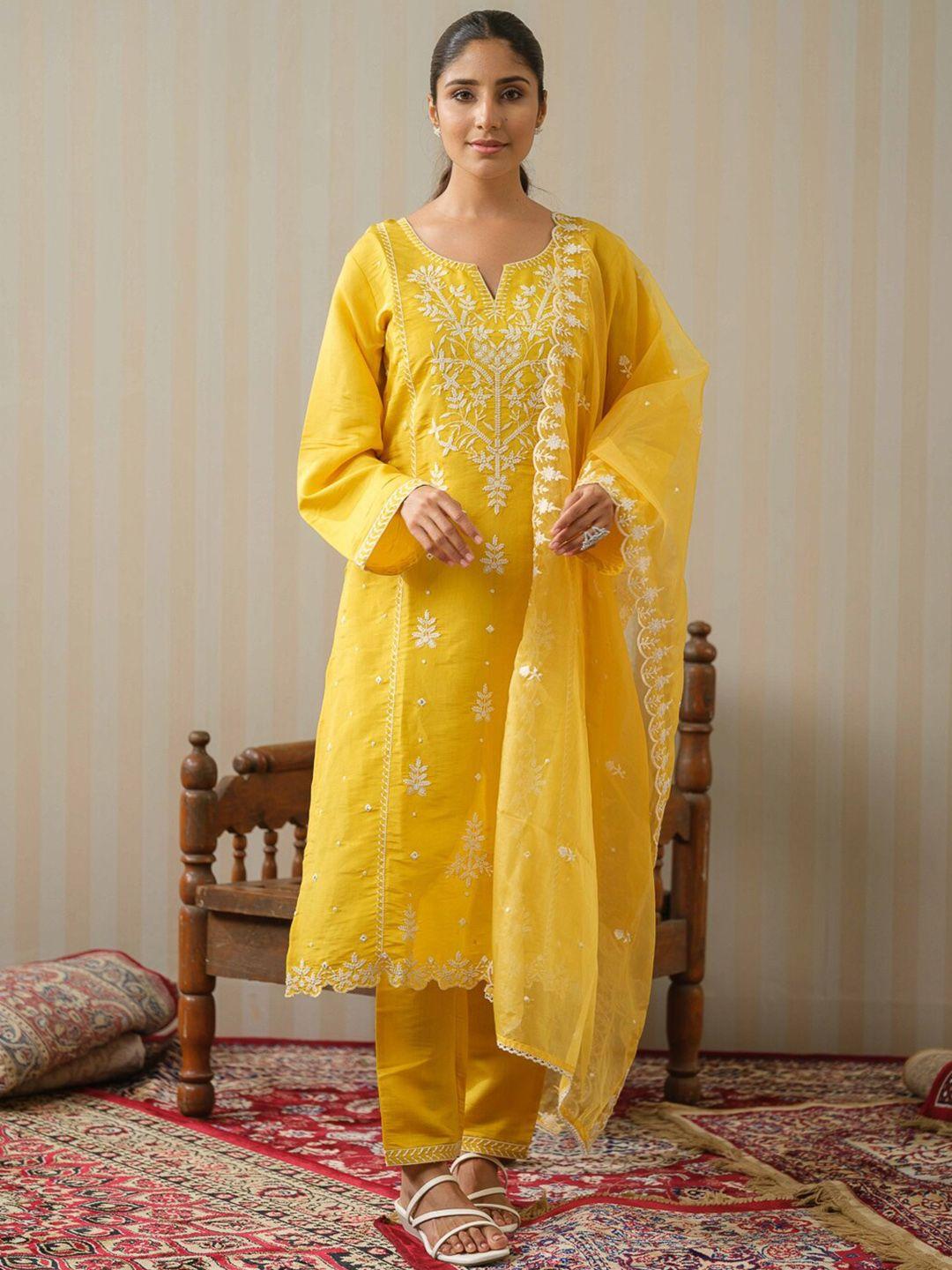 house of pataudi ethnic motifs embroidered straight kurta with trousers & dupatta
